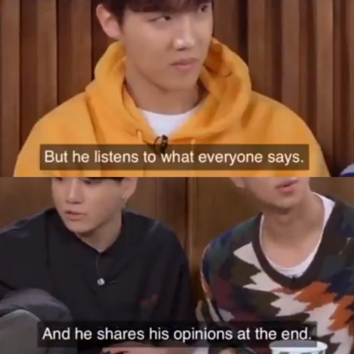 Ofinns's tweet photo. Namgi have stated themselves they're the ones that don't stop talking, where as Hobi always listen first. 

Several of the members have praised Hobi for always listening before sharing any opinions. Just look at their Festa dinner from 2019 as an example. https://t.co/5TnFnu9aQ0