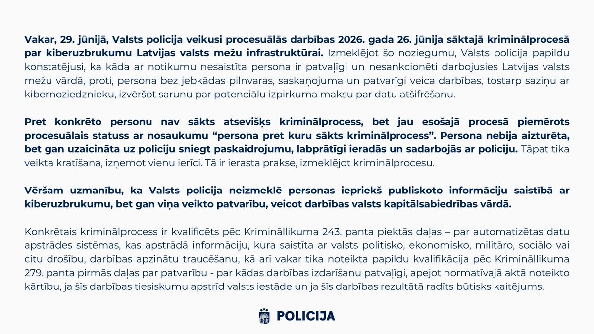 Valsts_policija's tweet photo. Papildinājums Valsts policijas iepriekš sniegtajai informācijai saistībā ar LVM kiberuzbrukuma izmeklēšanu: https://t.co/Q2XMtZDFve