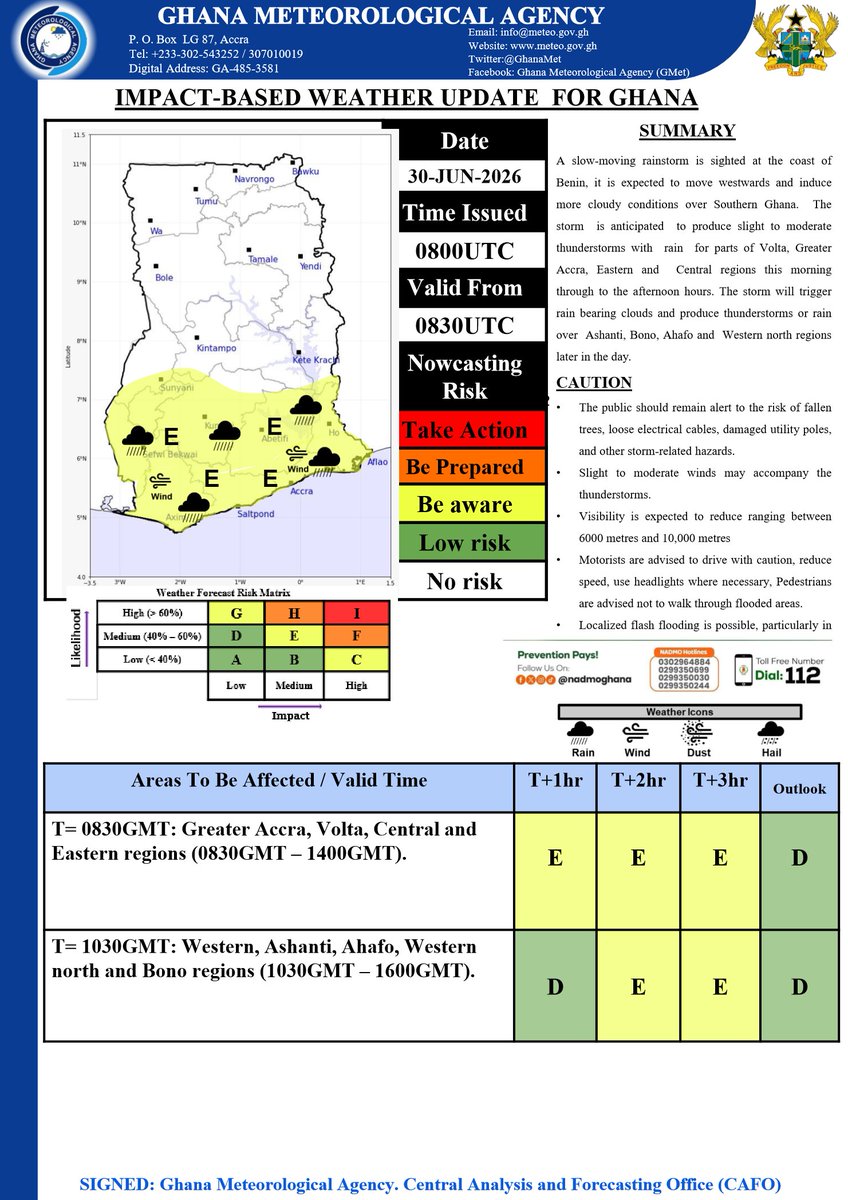 GhanaMet's tweet photo. 🚨 Weather Warning ⛈️🌧️

A rainstorm is expected to affect parts of Southern Ghana from this morning into the afternoon, with thunderstorms and rain likely to spread to portions of the middle belt later today.

⚠️ Be prepared for moderate winds, reduced visibility, and possible localized flooding. Avoid sheltering under trees, stay clear of loose electrical wires, and do not walk or drive through floodwaters.

Plan your journeys carefully and keep an eye on the latest weather updates from GMet.

#WeatherWarning #StaySafe #GMet