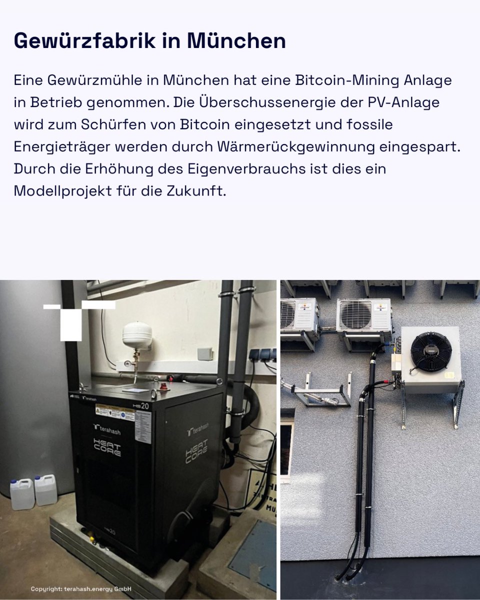 terahash_space's tweet photo. 🚀 Innovative Kundenprojekte bei terahash – Wenn Energie, Technologie und Bitcoin clever zusammenarbeiten

Entdecken Sie, wie Unternehmen aus unterschiedlichen Branchen ihre Energieinfrastruktur auf das nächste Level heben: Mit Bitcoin-Mining als smarten Baustein für mehr Effizienz, Nachhaltigkeit und zusätzliche Einnahmen.

Von der Gewürzfabrik in München, die PV-Überschussstrom und Abwärme optimal nutzt, über den modernen Waschpark in Münsingen bis hin zum großen Energiepark der Kläger Group – diese Projekte zeigen live, was möglich ist, wenn man erneuerbare Energien intelligent mit hochmodernen Rechenzentren kombiniert.

Mehr Eigenverbrauch. Weniger fossile Energieträger. Zusätzlicher Cashflow.

Möchten Sie auch Ihre Energieanlage zukunftssicher machen und Bitcoin-Mining als strategischen Vorteil einsetzen?

👉 Schauen Sie sich die spannenden Referenzen über den Link im Kommentar an.

Wir unterstützen Sie bei Managed Mining, Anlagenbau und der strategischen Integration – von der Idee bis zur Umsetzung.

Fragen? Schreiben Sie uns gerne eine Nachricht! 💬