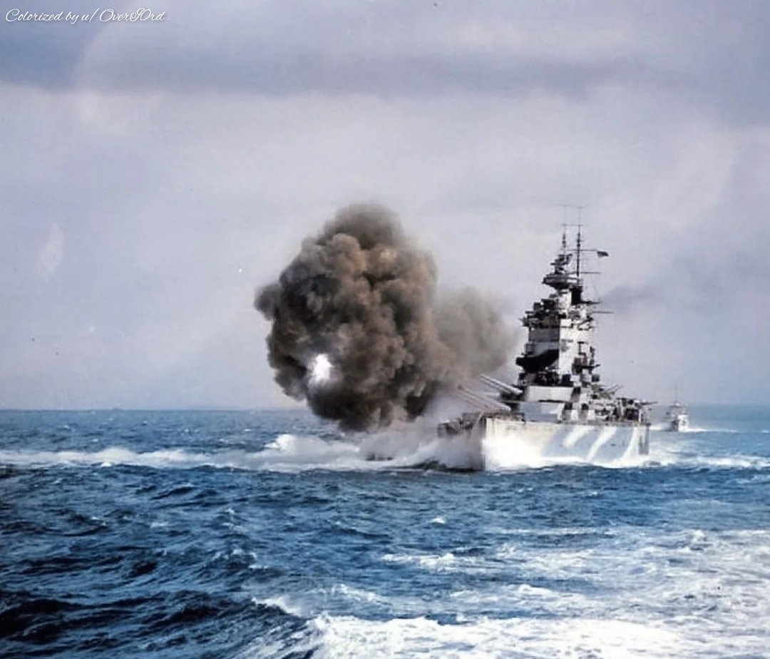 HiddenHistoryYT's tweet photo. HMS Nelson firing her 16-inch guns during a practice shoot of gunnery trials and exercises after her repairs, 7 May 1942. https://t.co/Ab0qzO8RQG