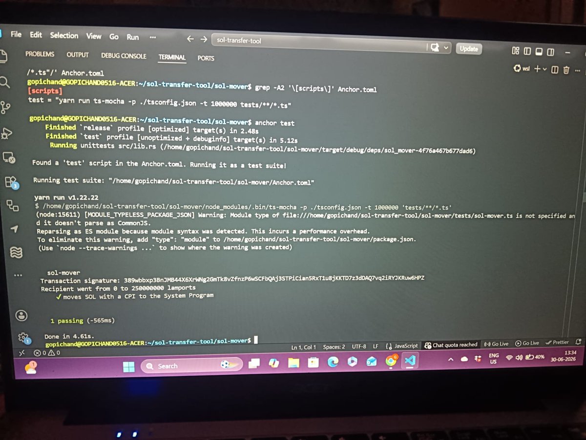 GopichandAI's tweet photo. Day 71/100 π₯ @MLHacks
my Anchor program just called the System Program
and moved 250,000,000 lamports atomically.
one CPI. one test. real SOL delivered.
this is where Solana composability starts π
https://t.co/mt8yQXhIB9
#100DaysOfSolana @solana @anchor_protocol https://t.co/yNnOZHGMr0