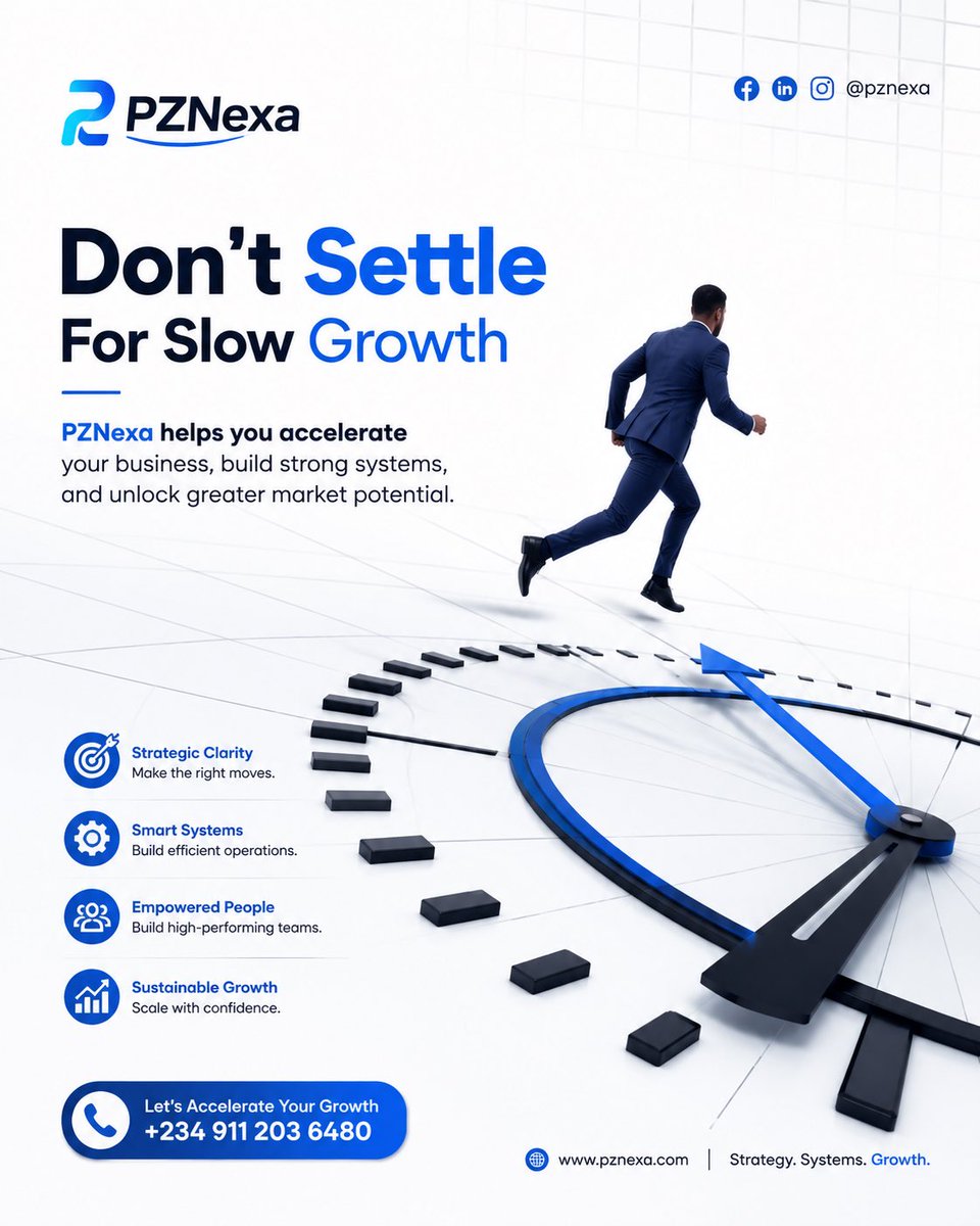 PzNexa's tweet photo. Don’t settle for slow growth.

The right strategy + the right systems = sustainable business growth.

PZNexa helps businesses scale with clarity, structure, and execution.

📞 +234 911 203 6480

#PZNexa #BusinessGrowth #Strategy #StartupNigeria #ScaleUp https://t.co/yalo1VsPLf