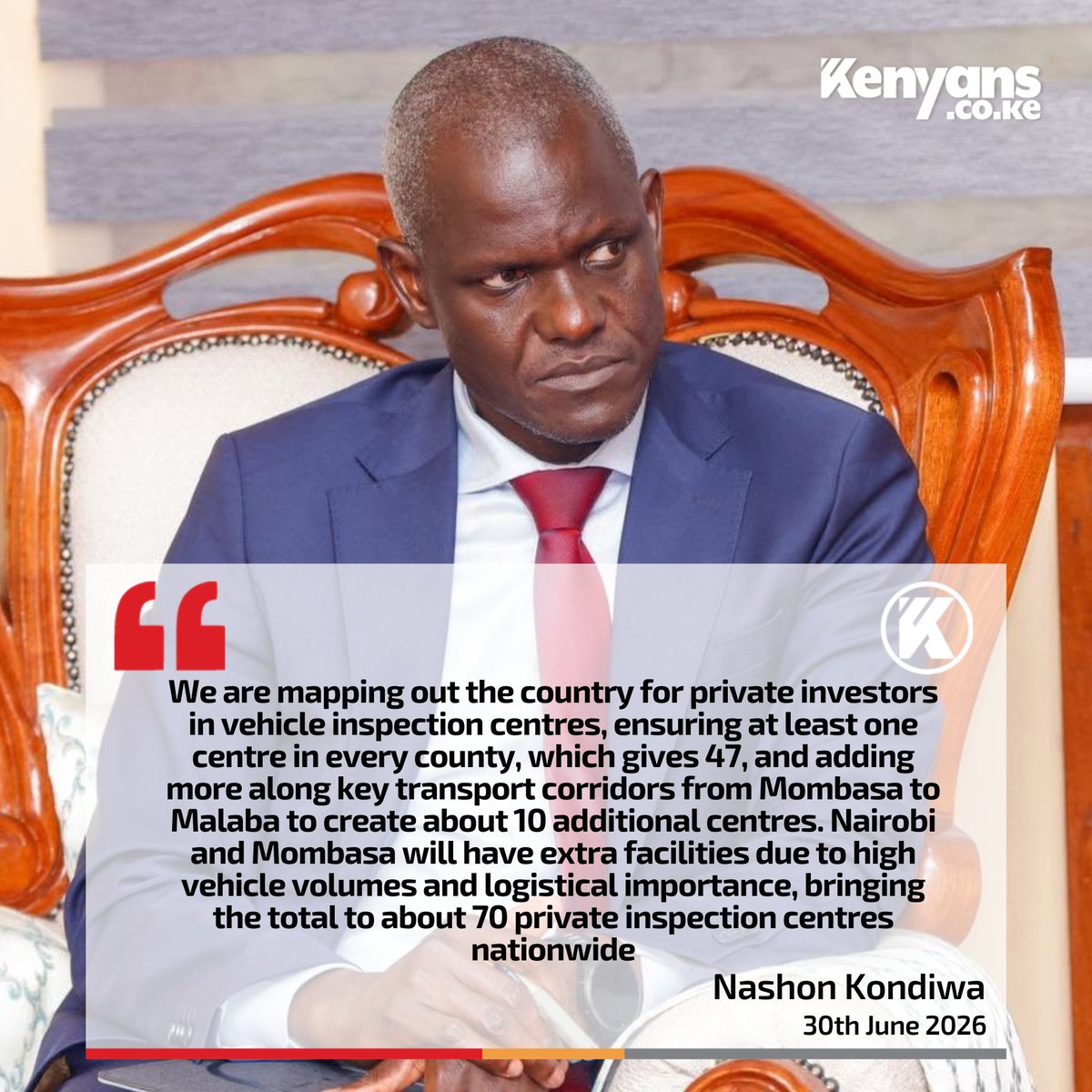 Kenyans's tweet photo. We are mapping out the country for private investors in vehicle inspection centres, ensuring at least one centre in every county - NTSA DG Nashon Kondiwa https://t.co/ak5rtG0OBC