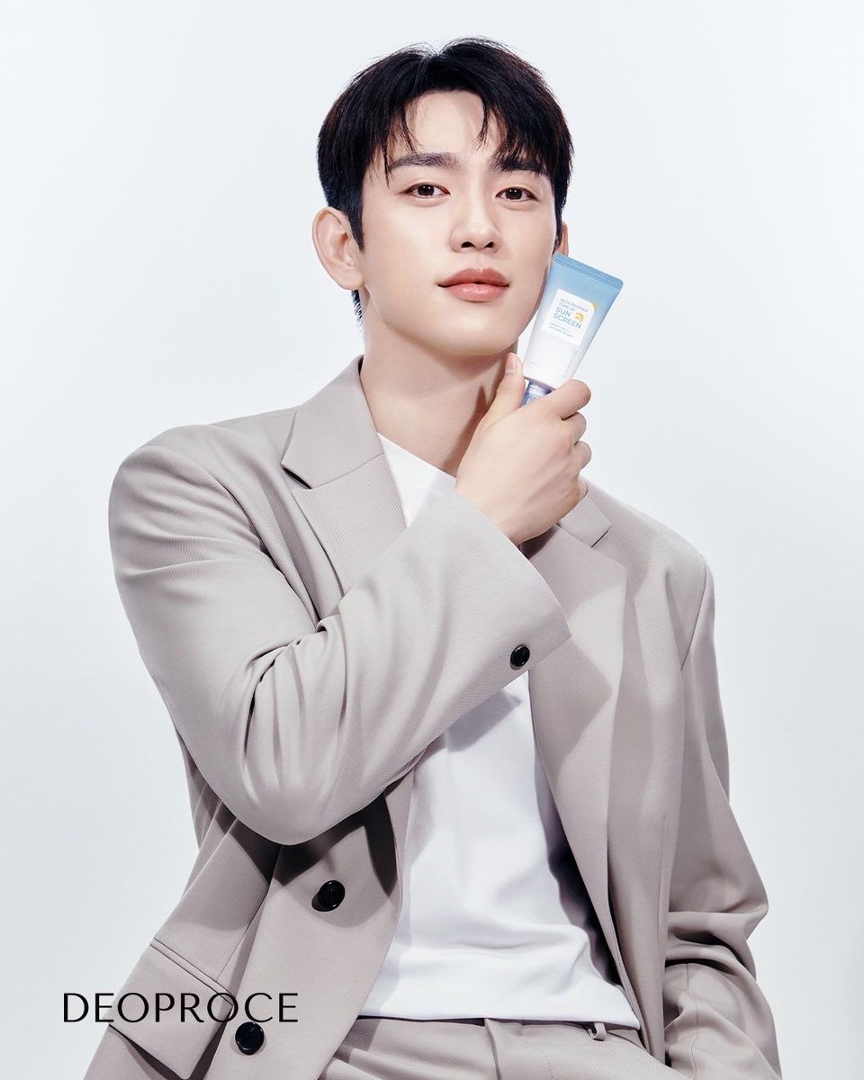 Pop7base's tweet photo. "GOT7 member and actor Jinyoung has been selected as the new global ambassador for Korean skincare brand DEOPROCE. The brand aims to strengthen its global presence and promote its science-driven philosophy, "Real Science, Real Results," through Jinyoung's international recognition. 

His first campaign will feature two of DEOPROCE's signature sun care products: the UV Defense PDRN Sunscreen, formulated with 99% high-purity Rose PDRN to help protect against UV rays and support the skin barrier, and the Blue Feather Tone-Up Sunscreen, which offers protection against both UV rays and blue light from digital devices. Alongside his endorsement activities, Jinyoung continues to build a strong acting career following his performances in dramas such as Yumi's Cells, The Witch, Our Unwritten Seoul, and most recently Shining."