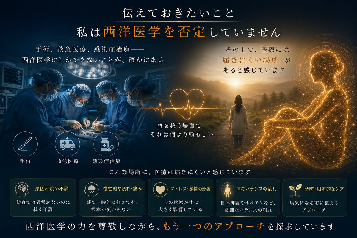 BioluxInfo's tweet photo. 伝えておきたいこと

私は西洋医学を否定していません

手術、救急医療、感染症治療——
西洋医学にしかできないことが、確かにある

命を救う場面で、それは何より頼もしい

その上で、医療には
「届きにくい場所」があると感じています

#Biolux #周波数 #バイオレゾナンス #Holosonic https://t.co/fVYyKfQJM3