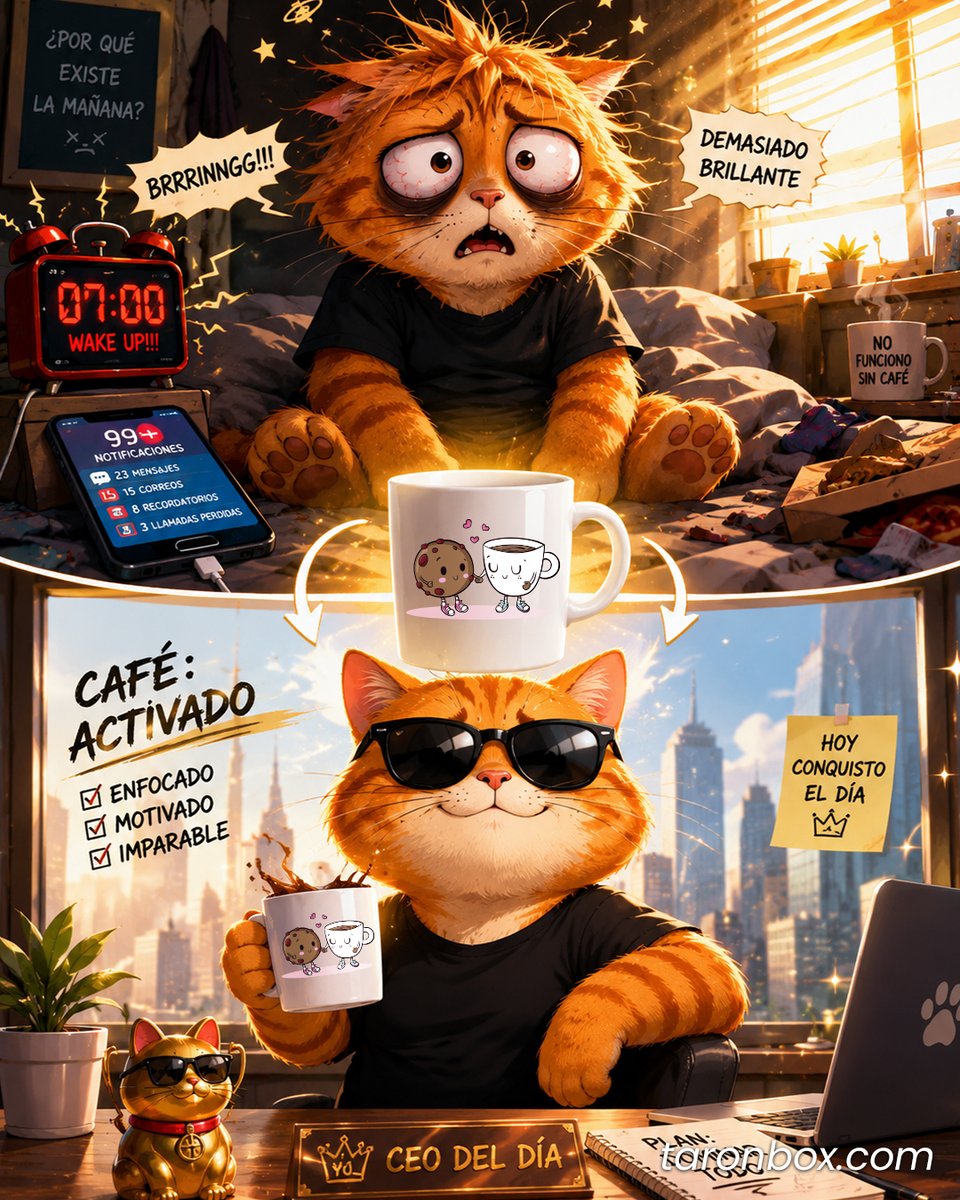 TaronBox's tweet photo. Yo, antes y después de mi primer café del día. ☕️ Taron entiende la lucha mejor que nadie.

😂 ¿Cuántas tazas necesitas para ser persona por la mañana? ¡Cuéntanos en los comentarios!

 #TaronBox #Meme #Humor #Cafe #BuenViernes #GatoNaranja https://t.co/uoU4DaWtww