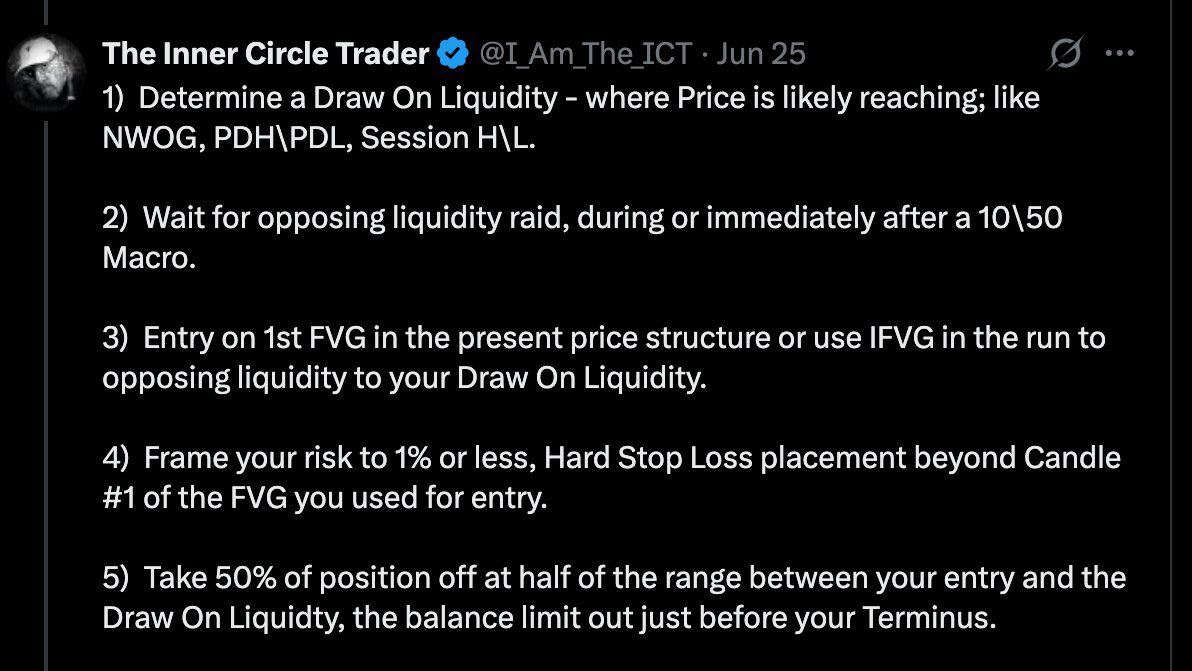 TWS_trades's tweet photo. ICT- 5 Keys to success 🍀!

- Draw on Liquidity 
- Liquidity Raid 
- Entry on 1st FVG
- Risk Management 
- Booking Partials ! https://t.co/NtS0jP6GcX