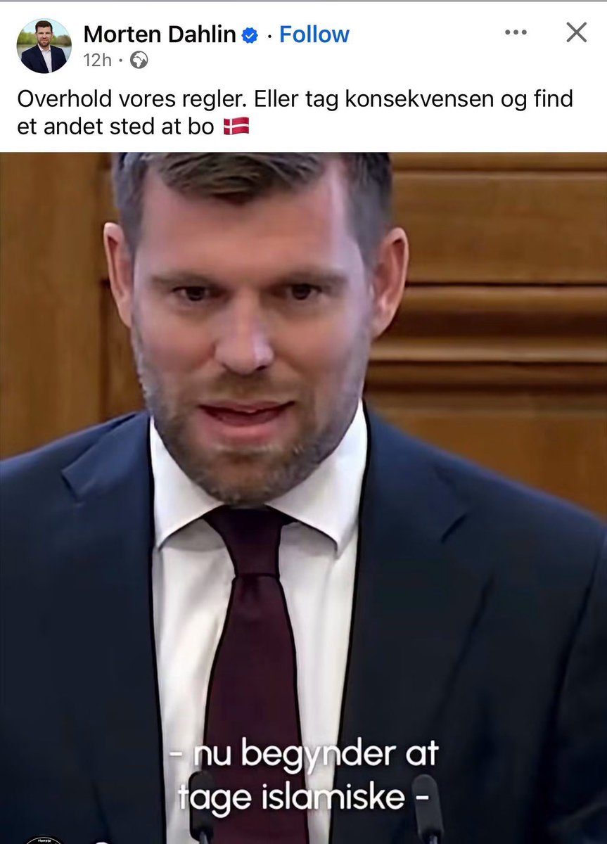LBMathiesen's tweet photo. Den her retorik fra @MortenDahlin er desværre en af årsagerne til at vi ikke får løst udlændinge problemerne. 

Han puster sig retorisk op og siger at de bør flytte ud af Danmark.  

Men det er jo ligegyldigt. For han er ikke villig til at gøre det nødvendige for at de kommer ud af landet. 

Forestillingen om at de bare tager deres tøj og flytter er jo håbløst naiv. 

Remigration sker ikke af sig selv. 

Og Morten Dahlin og Venstre har jo indtil videre ikke været villige til at stå sammen med Borgernes Parti og sikre remigration. 

Så kære Morten, du og Venstre skal finde modet. I er i fuld gang med at blive efterladt på perronen af Socialdemokratiet. 

Og et opslag som det her, når det ikke er bakket op af noget som helst politisk handling er blot tom retorik. 

Kom nu! I kan godt! 

#dkpol #dkmedier