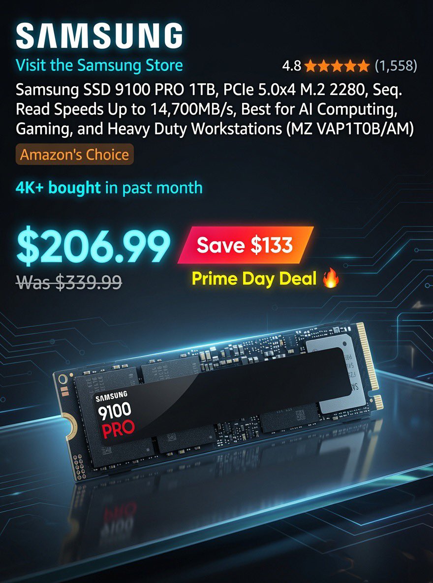 AmazonFunFinds's tweet photo. 🚨 Prime Day SSD Deal: Samsung 9100 PRO 1TB PCIe 5.0 – Now Only $206.99 (Was $339.99)! ⚡#ad 

Blazing fast sequential read speeds up to 14,700MB/s! Perfect for gaming, content creation, video editing, and high-performance PCs. 

https://t.co/J3NymSpwGX https://t.co/9NhVs4PoUe