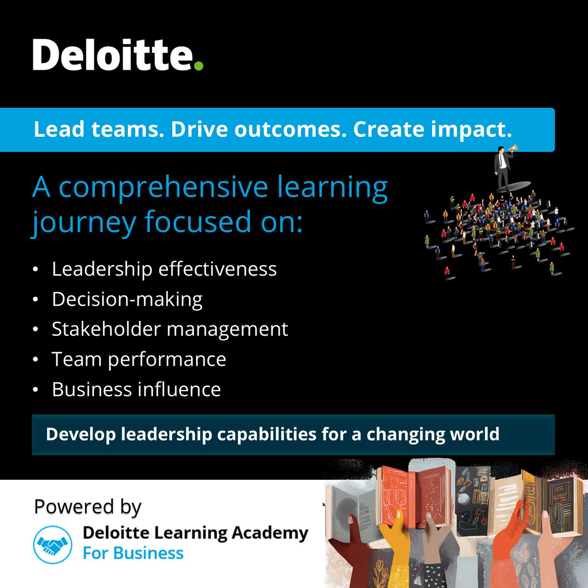 DeloitteIndia's tweet photo. Leadership is built through continuous learning.

Deloitte Learning Academy's “Leadership bootcamp – Pack of 12 courses” is designed to help professionals strengthen leadership capabilities across communication, decision-making, stakeholder management, team effectiveness and business influence. The programme supports leaders navigating increasingly complex organisational environments.

As businesses adapt to changing workforce expectations and market dynamics, leadership capabilities have become critical at every level of the organisation. This learning journey helps professionals lead with greater confidence and impact.

To learn more, write to us at inacademy@deloitte.com.

#DeloitteLearningAcademy #Leadership #PeopleManagement #FutureLeaders #LeadershipDevelopment #ProfessionalGrowth #DeloitteIndia