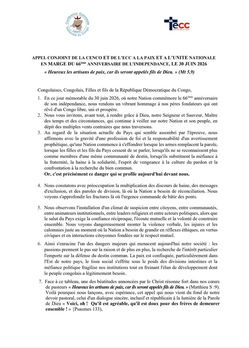 Cenco_officiel's tweet photo. Appel conjoint de la CENCO et de l'ECC à la paix et à l'unité nationale en marge du 66ème anniversaire de l'indépendance le 30 juin 2026. https://t.co/W2vHX4H6Rf