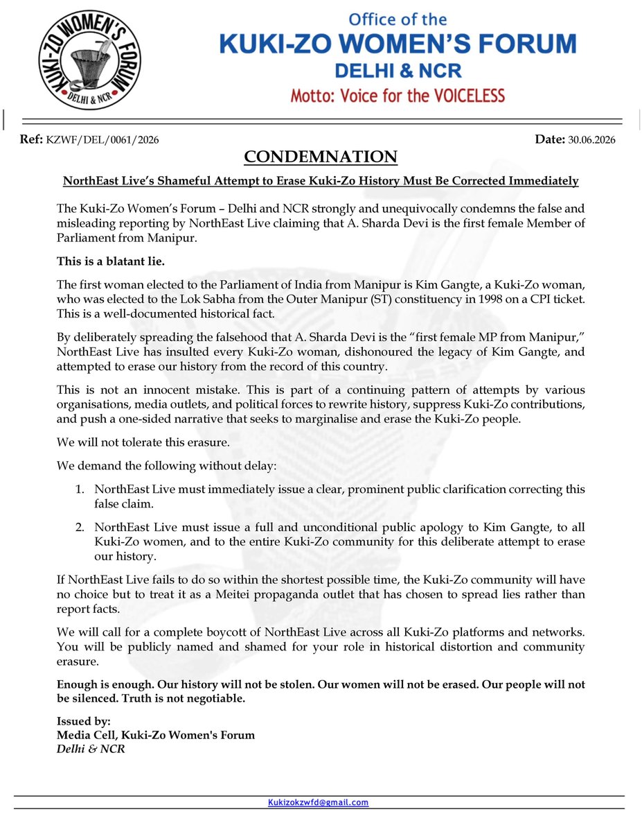 Sumkawn's tweet photo. Kuki-Zo Women's Forum, Delhi &amp; NCR demands clarification from @NELiveTV for falsely claiming "Sharda Devi is the first woman parliamentarian from Manipur." KZWF states Kim Gangte (CPI), a Kuki-Zo woman was the first woman MP from Manipur in 1998
@MIB_India @NENowNews https://t.co/9hIQ2hWYHZ