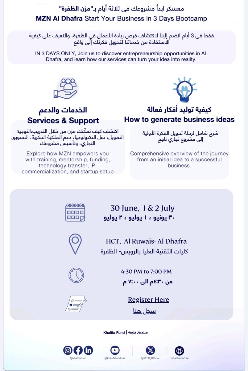 UAEmirfa's tweet photo. الأخوة والأخوات | مجتمع شباب الظفرة،

يسرنا دعوتكم للمشاركة في معسكر “MZN AI الظفرة ابدأ مشروعك في 3 أيام”، الذي ينظمه صندوق خليفة لتطوير المشاريع، والمخصص للشباب المهتمين بريادة الأعمال وتطوير أفكارهم وتحويلها إلى مشاريع ناجحة.

 التاريخ:
30 يونيو، 1 يوليو، 2 يوليو 2026 https://t.co/bVDJlSFZdP