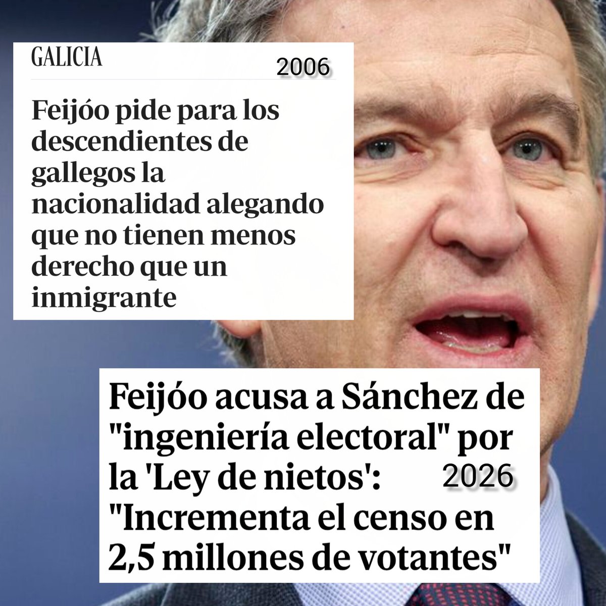 rubenmllfrr's tweet photo. En 2006 exigía la nacionalidad española para los nietos de emigrantes y en 2026 la ataca y la llama 'ingeniería electoral' para fabricar votantes.

Es un hipócrita que dice una cosa cuando le conviene y la contraria cuando no. https://t.co/ym3I7W6Eys