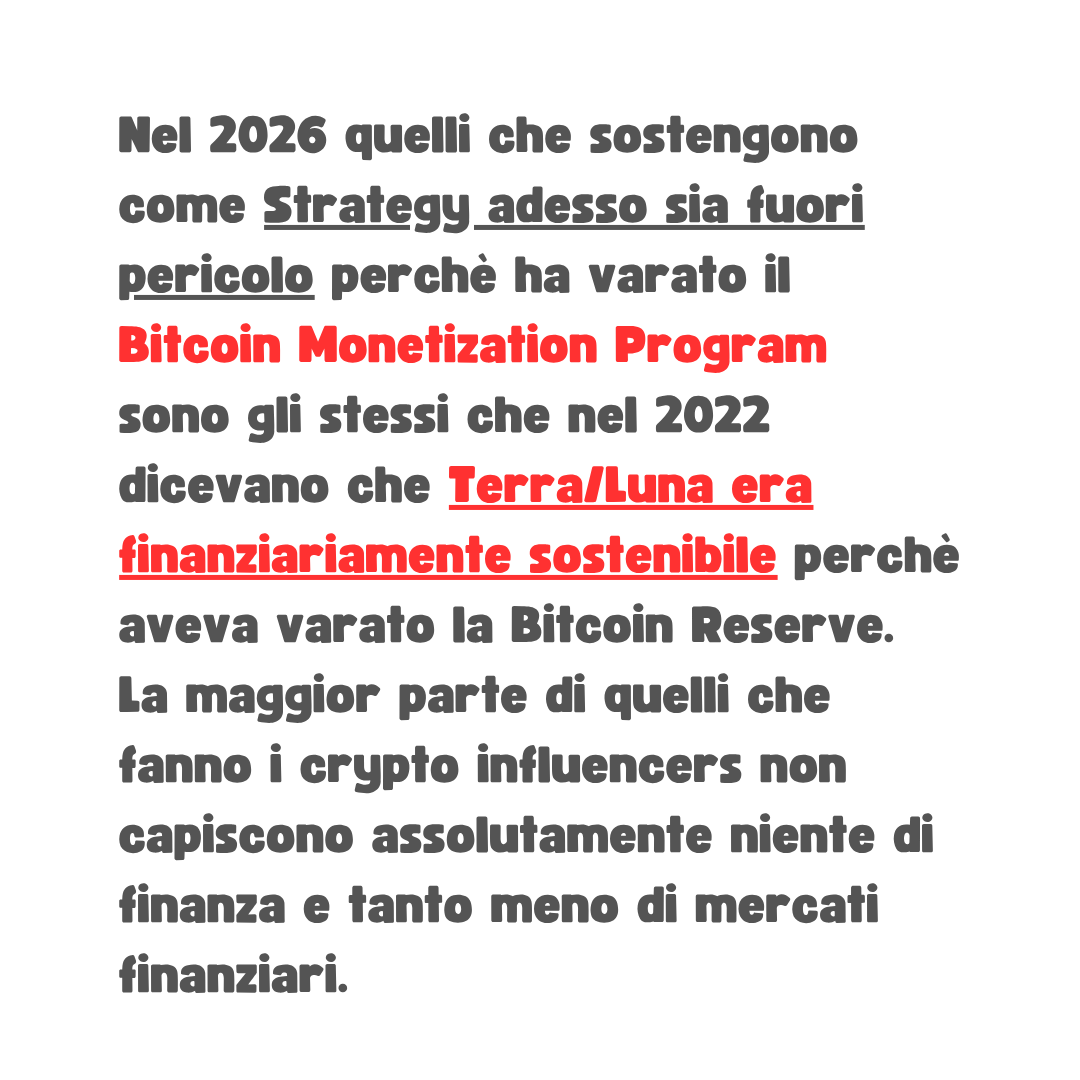 We_Are_YouChain's tweet photo. In 2026, the people claiming that Strategy is now out of the woods because it rolled out the Bitcoin Monetization Program are the very same ones who back in 2022 were saying Terra/Luna was financially sustainable because it had launched the Bitcoin Reserve. Most of these self-proclaimed crypto influencers understand absolutely nothing about finance, let alone financial markets.