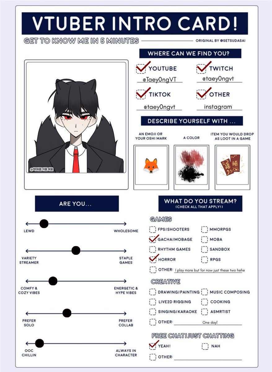 Taey0ngVT's tweet photo. Hello Wanderers, I’m a kitsune VTuber who enjoys gaming, streaming, and building a community where people can just relax and be themselves. Would love to make connections 🦊 Socials in bio! 
Credits: @setsudasai for the template! #VTuber #newstreamer #TwitchStreamer https://t.co/rizXB0X7zq