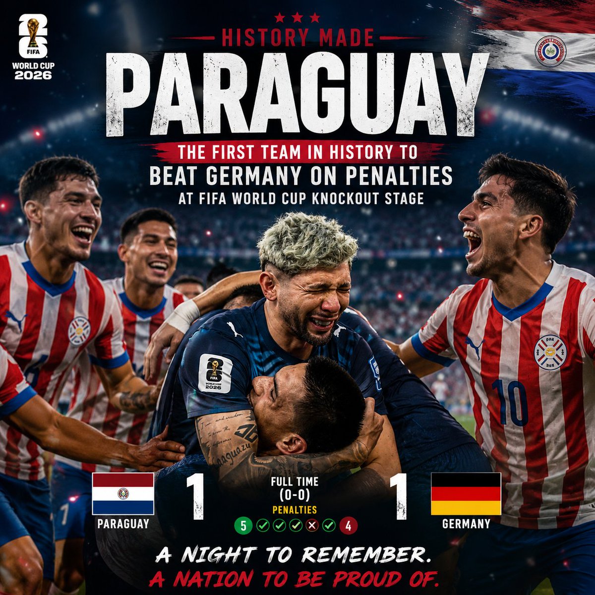 ghufran_offical's tweet photo. . 🇵🇾🔥 Paraguay becomes the first team ever to defeat Germany on penalties in a FIFA World Cup knockout match. An unforgettable moment! ⚽🏆
#FIFAWorldCup #WorldCup #Paraguay #Germany #Football https://t.co/JFVGmvkVPw