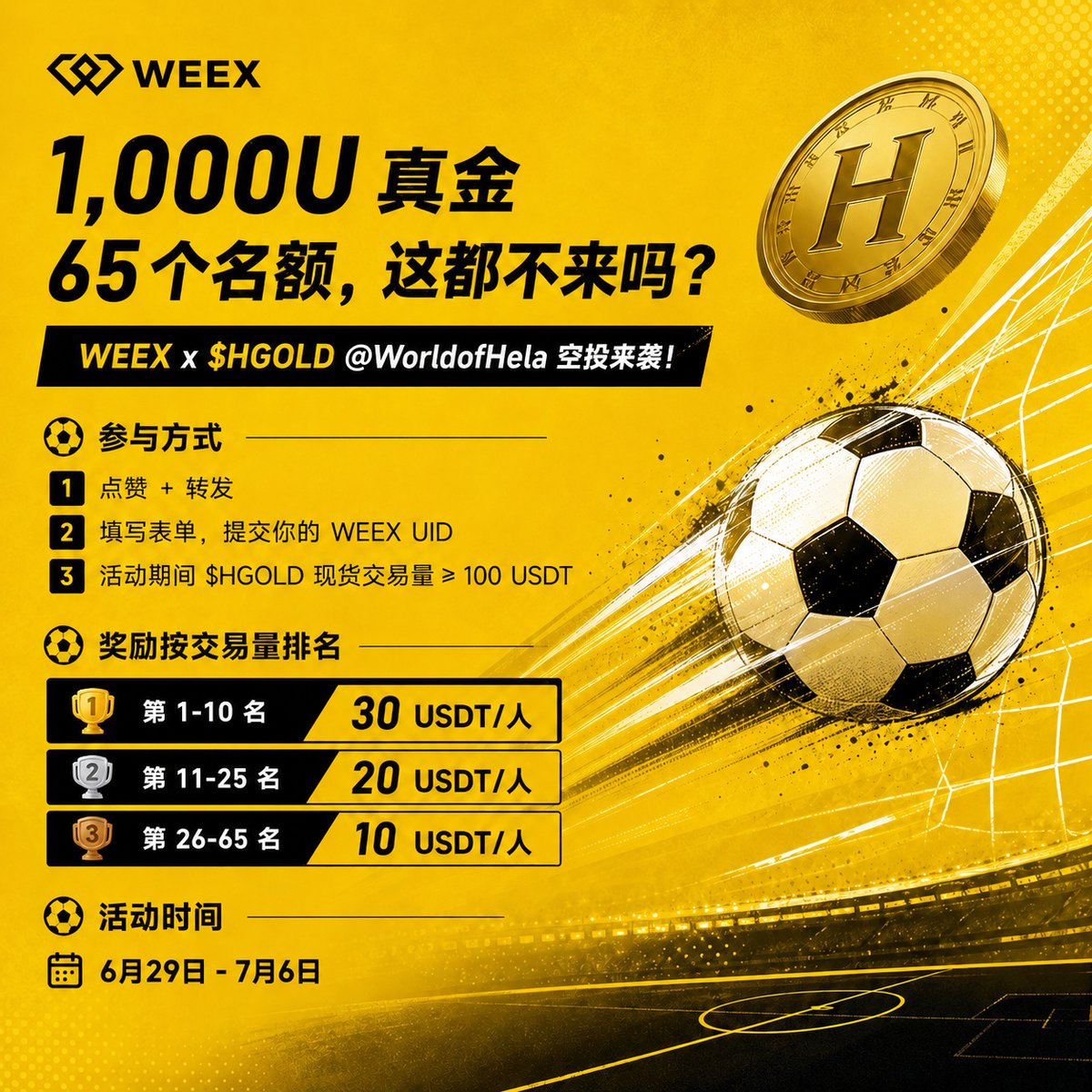 WeexCn's tweet photo. 1,000U 真金，65个名额，这都不来吗？

WEEX x $HGOLD @WorldofHela 空投来袭！

参与方式：
1️⃣ 点赞 + 转发
2️⃣ 填写表单，提交你的 WEEX UID
3️⃣ 活动期间 $HGOLD 现货交易量 ≥ 100 USDT

奖励按交易量排名：
🥇 第 1-10 名：30 USDT/人
🥈 第 11-25 名：20 USDT/人
🥉 第 26-65 名：10 USDT/人

表单链接：https://t.co/GMTTT0WUIy
活动时间：6月29日-7月6日

#WEEX #空投 #giveaway #WEEX1000U