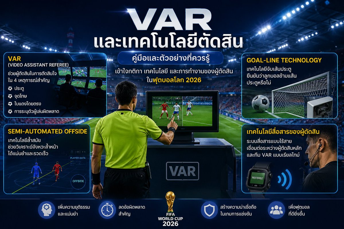 worldcup2026th's tweet photo. ⚽ VAR ช่วยให้การตัดสินแม่นยำและยุติธรรมมากขึ้น

รู้จัก VAR, Goal-line Technology และ Semi-Automated Offside แบบเข้าใจง่าย

📖 https://t.co/8I2Q6cPZ1f

#ฟุตบอลโลก2026 #FIFAWorldCup2026 #VAR #กติกาฟุตบอล #ความรู้ฟุตบอล https://t.co/gZ7w6uBOi2