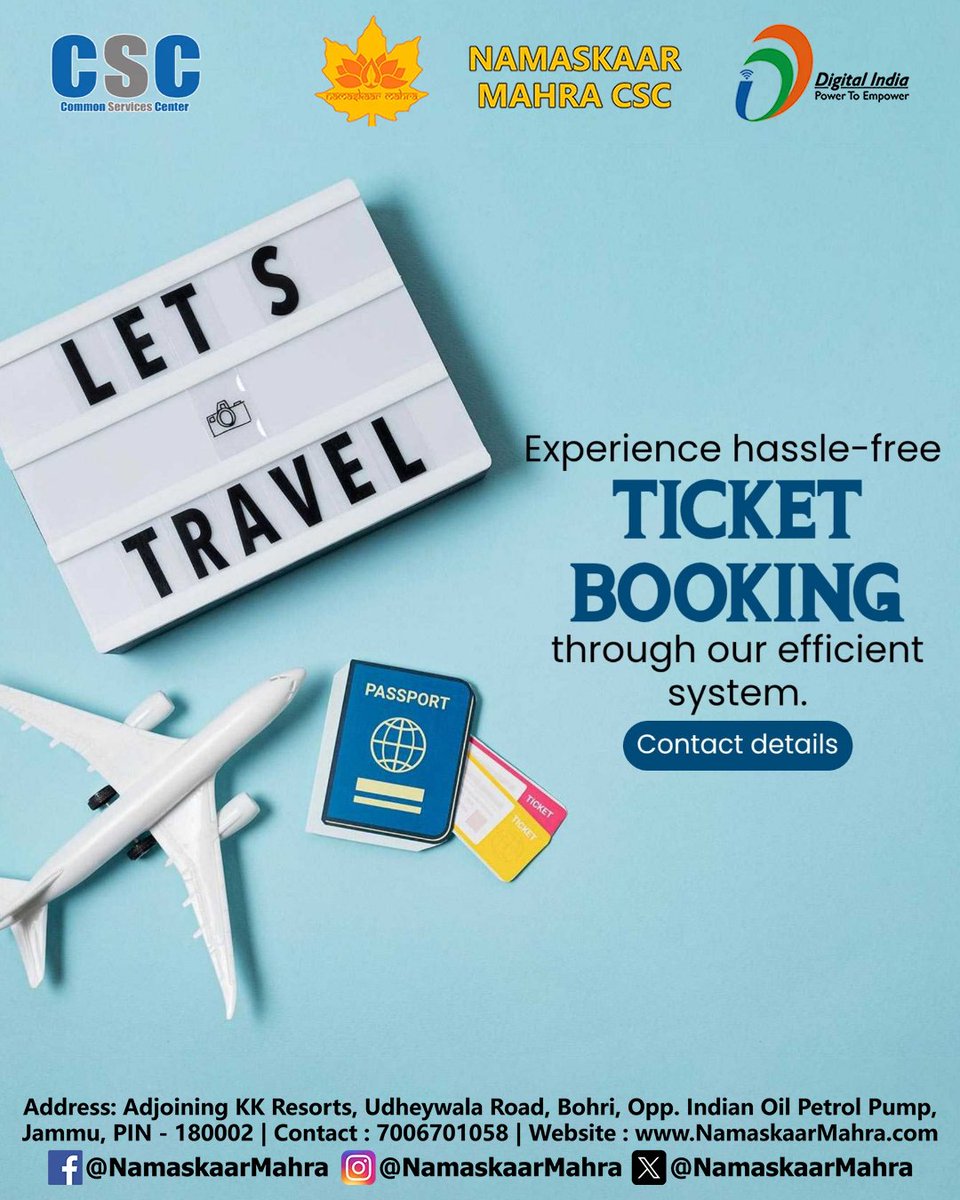 JammuCsc's tweet photo. Ticket Booking Setvices Available

Namaskaar Mahra CSC
Contact : 7006701058
https://t.co/amNqiZNF2D
Address: Adjoining KK Resorts, Udheywala Road, Bohri,
Opp. Indian Oil Petrol Pump, Jammu, 180002

#NamaskaarMahra #CSC #CSCJammu  #TataCroma #Croma #tata https://t.co/xejNSuw0tU