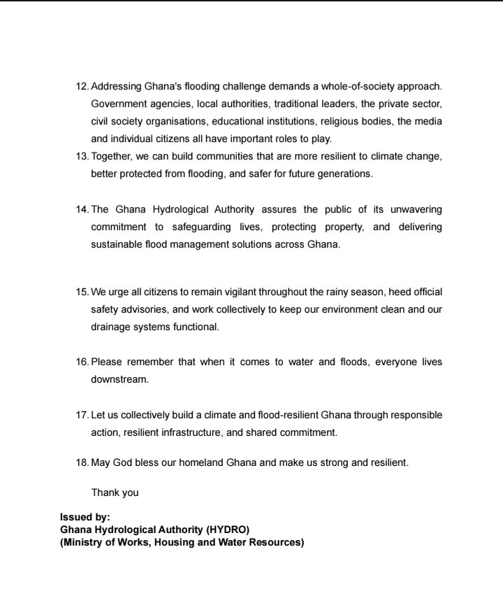 ghanahydro's tweet photo. OFFICIAL STATEMENT:
HYDRO extends its deepest sympathies to all those affected by the recent floods in Accra. We reaffirm our commitment to flood risk reduction and urge the public to stay vigilant, follow official safety advisories.
Read the full statement below.
#HYDRO https://t.co/4D9EfAlfma