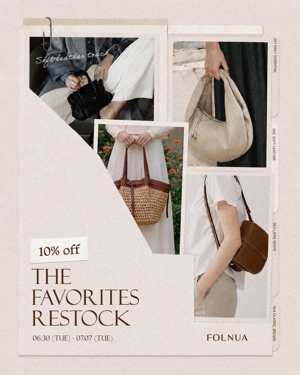 folnua_jp's tweet photo. The Favorites Restock 10% OFF SALE 🌿

完売しておりました人気アイテムが待望の再入荷。

お待ちいただいていた皆様へ感謝を込めて、
本日より1週間の期間限定で、対象の再入荷アイテムを【10%OFF】にてお届けいたします。

ずっと気になっていたあのアイテムを、お得にお迎えできるチャンスです。
ぜひこの機会にご覧くださいませ。

期間：6.30(火) - 7.7(火)

#folnua #フォルニュア
https://t.co/DxupUtABsq
