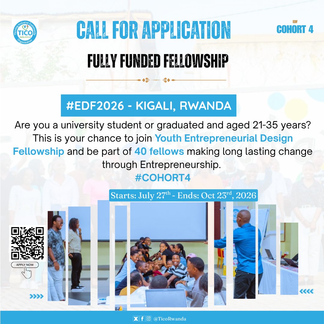 TicoRwanda's tweet photo. 🚀 Applications Are Now Open!

Are you a passionate young entrepreneur or innovator ready to turn your ideas into lasting impact?
The Youth Entrepreneurial Design Fellowship (#EDF) Cohort 4 is officially accepting applications! 

Join a dynamic community of young changemakers for an intensive fellowship experience in Kigali from July 27–Oct 23, 2026, where you'll gain practical skills, mentorship, and the opportunity to grow your innovative solution.

📲 Apply now: https://t.co/T6O11xzUFc
📅 Application Deadline: July 15, 2026

Don't miss this opportunity to design, innovate, and lead the change your community needs.

#EDFFellowship #Cohort4 #YouthInnovation