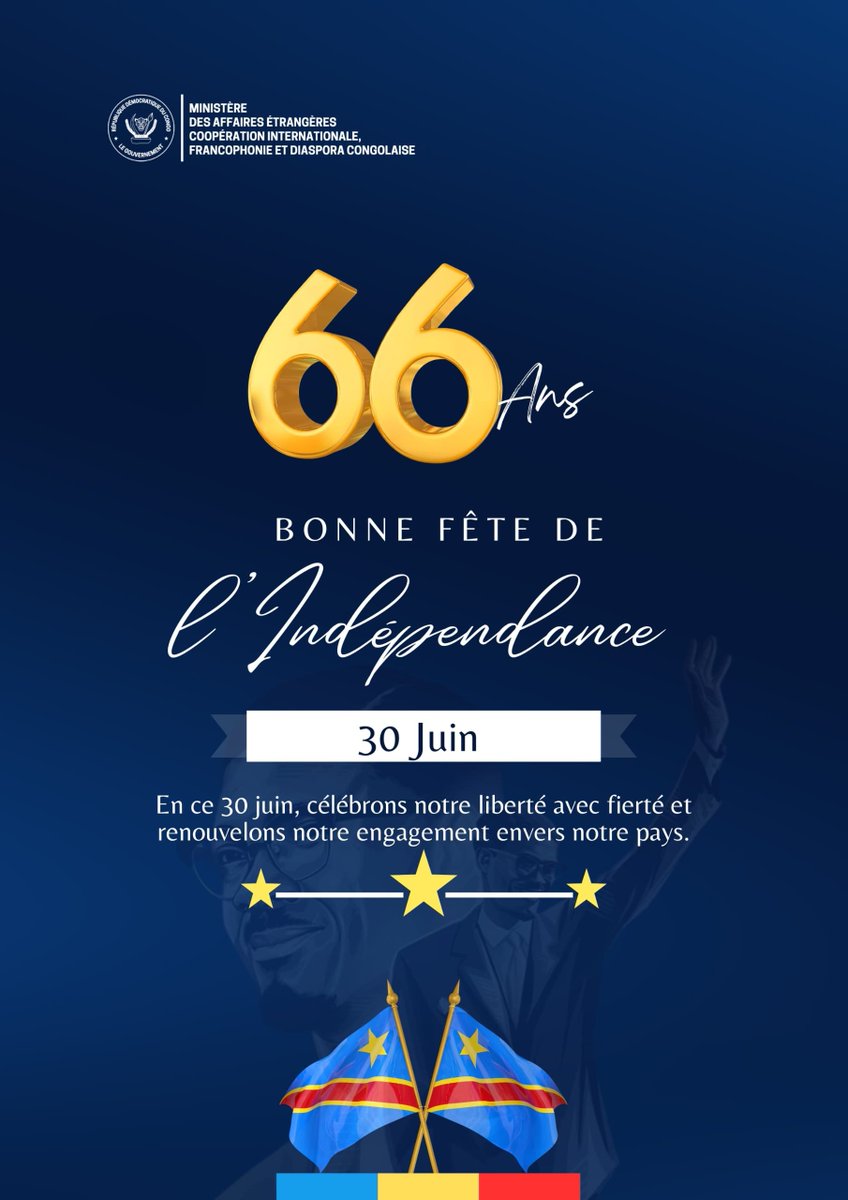 RDC_Minafet's tweet photo. Joyeuse fête de l'Indépendance !
#IndépendanceRDC
#FiertéCongolaise 

@Presidence_RDC 
@PrimatureRDC 
@Com_mediasRDC https://t.co/xgqXu0YHba