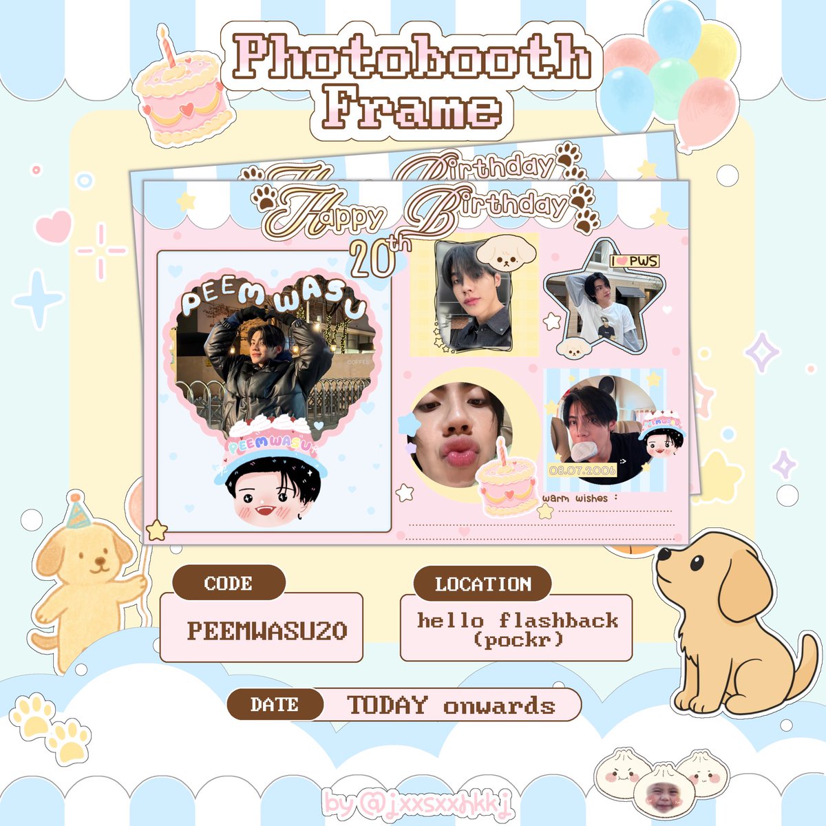 Jxxsxxhkkj's tweet photo. 𐙚⋆°.⋆♡ 𝗉𝗅𝗌 𝗄𝗂𝗇𝖽𝗅𝗒 𝖱𝖳 ⋆🐾°
ㅤ
˚.🎀༘⋆photobooth frame event @PEEMWASU_ 20th 🐶ྀི
#PEEMWASUgoldenchapter20th #PEEMWASU

code : PEEMWASU20

at @helloflashback ( pockr )
even period : today onwards 

ไปถ่ายกันแล้วฝากมาอวดด้วยน้าา💖 https://t.co/dOZaffD6K8