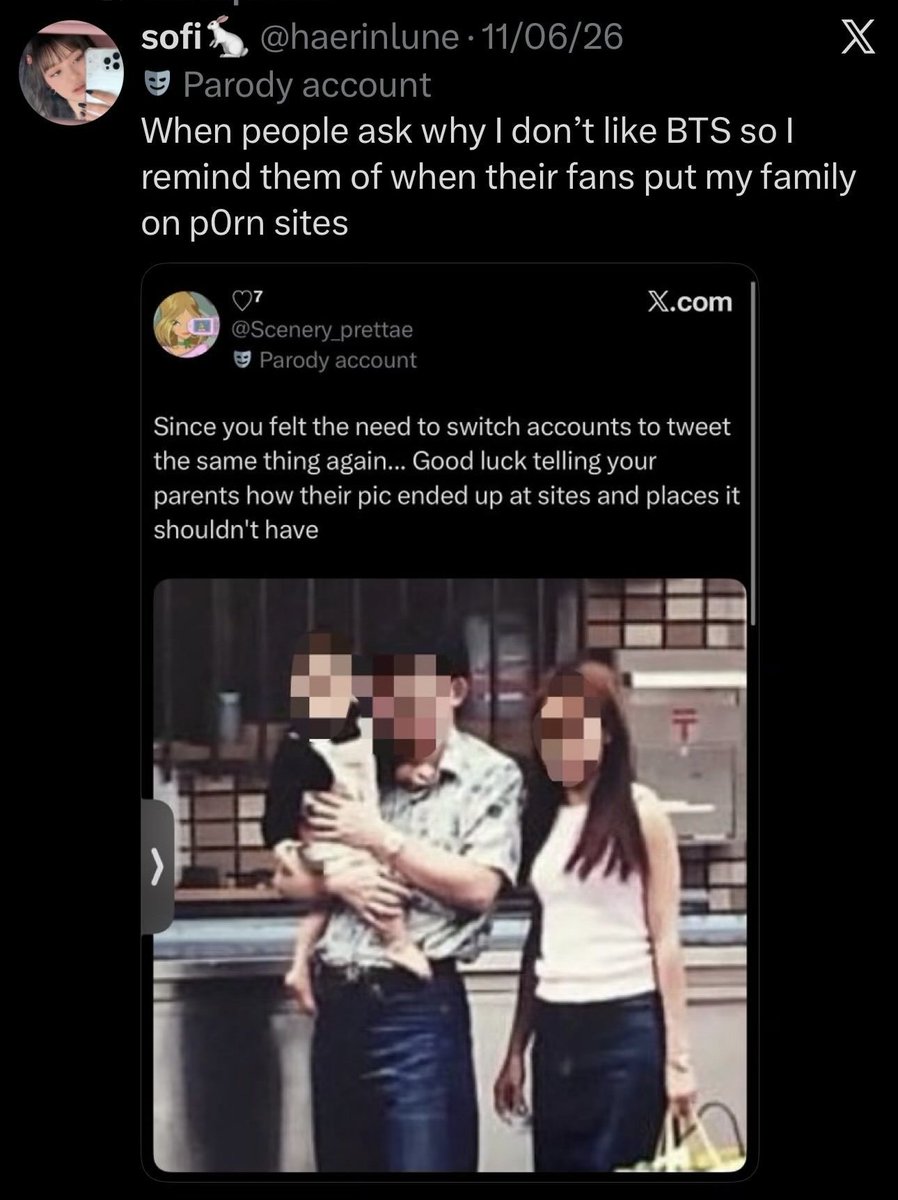 uarmaihop's tweet photo. Guys, kalo kalian ngeliat tweet haerinlune yg ini lewat di tl kalian, yg dia bilang foto keluarganya dimasukin ke p0rn site ama army, itu bohong yagesyaa.

Itu dia lagi playing victim soalnya waktu itu dia ketahuan join gc tokkis yg bikin r4pe jokes dan deepfakes ke mmbr illit https://t.co/Pa0ZAsC93M