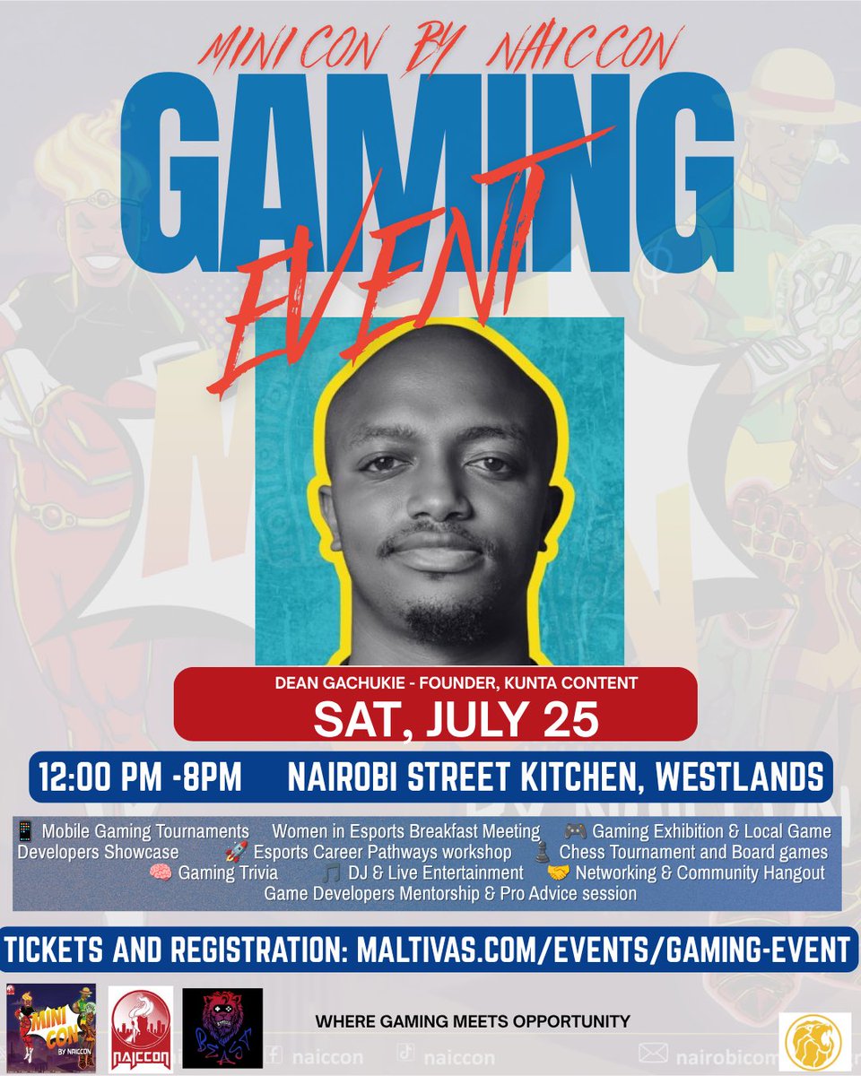 hiruthegame's tweet photo. Mark the Date!

We’ll be at Mini Con by @NAICCON on Sat, July 25th in Nairobi — gaming tournaments, esports workshops, dev showcases, and more.

📍 Nairobi Street Kitchen, Westlands
🗓️ 12PM – 8PM
🎟️ https://t.co/8wuzFw4LuR

Where gaming meets opportunity.
#Naiccon #GamingInAfrica #MiniConByNaiccon