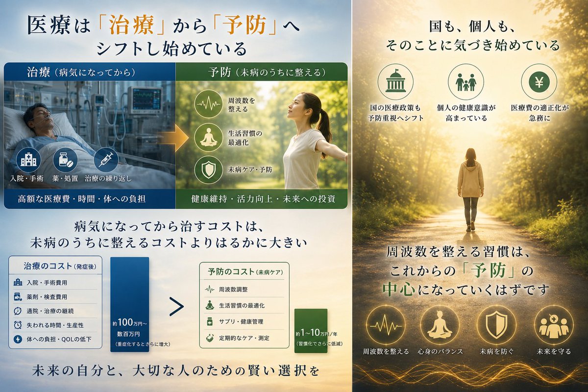 BioluxInfo's tweet photo. 医療は「治療」から「予防」へ
シフトし始めている
病気になってから治すコストは、
未病のうちに整えるコストより
はるかに大きい
国も、個人も、
そのことに気づき始めている
周波数を整える習慣は、
これからの「予防」の
中心になっていくはずです
#予防 #周波数 #バイオレゾナンス #Biolux #Holosonic