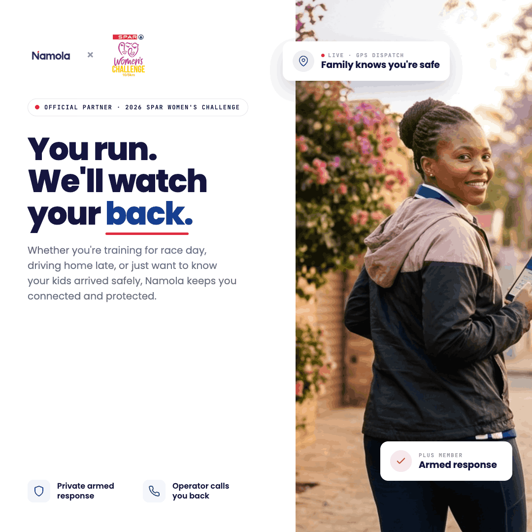 NamolaApp's tweet photo. We're an official partner of the 2026 SPAR Women's Challenge.

The run is the easy part. The early starts, the quiet routes and the drive home stay on your mind.

Namola connects you to a private response network when you need it. Sign up through the Challenge to get covered. https://t.co/27e9onsyo7