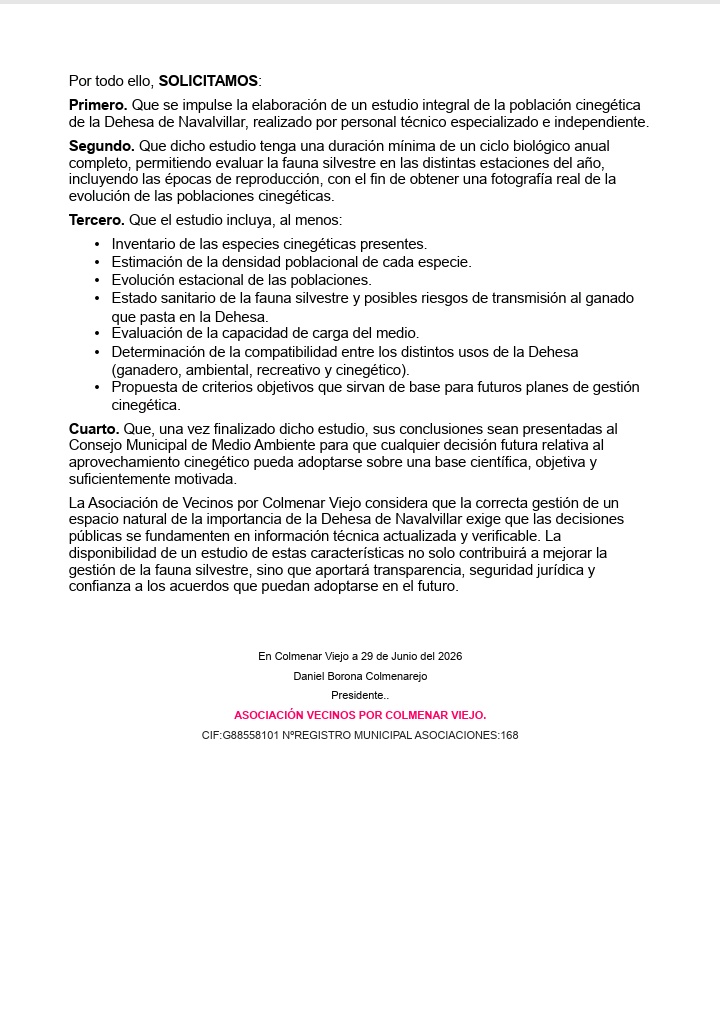 AVColmenarViejo's tweet photo. Para la constancia de los vecinos de #ColmenarViejo , os facilitamos la solicitud de elaboración del Estudio de especies  Cinegéticas de la Dehesa de Navalvillar. Dirigida a la Concejalía de Medio Ambiente. https://t.co/OEAkF2ExKh