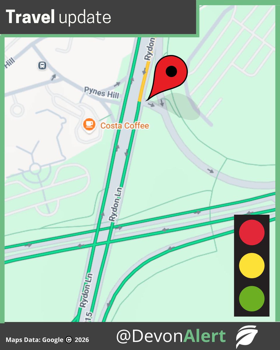 DevonAlert's tweet photo. 09:24 30/06/26 #Devon. The lights are now working normally. AW
30/06/26 08:21 #Devon the traffic lights at Rydon Lane/Pynes Hill Exeter are all out. Engineers have been advised. Please approach with caution. AW https://t.co/sod1ueeZIe