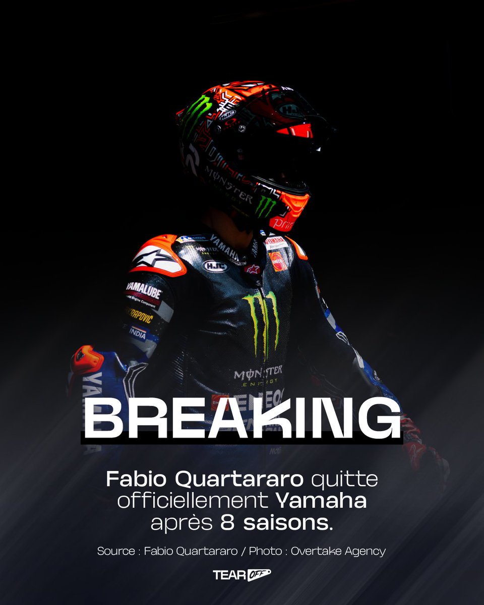 TearOffFR's tweet photo. 🚨 OFFICIEL ! 

Fabio Quartararo dit adieu à Yamaha après 8 saisons ensemble et commencera une nouvelle aventure en 2027 👋

Alex Rins quittera aussi la marque à la fin de l'année.

#MotoGP https://t.co/teTsUPOYFX