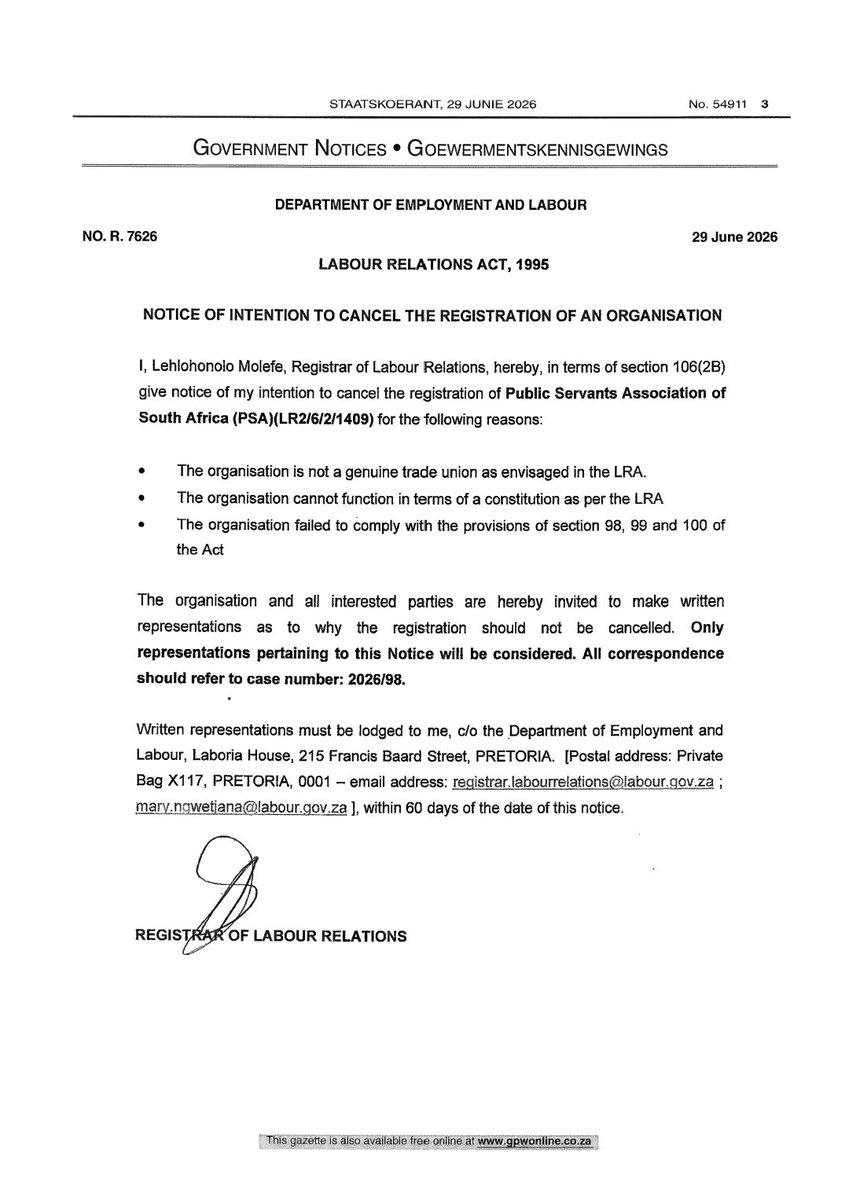 deptoflabour's tweet photo. Labour Relations Act 1996: Notice of intention to cancel the registration of an organization Public Servants Association of South Africa (PSA)(LR2/6/2/1409). @unionofchoice

https://t.co/WfZ3BR1hbn

#Yazini #ServicedeliveryZA #GovZAUpdates #YouthMonth2026 #PSAUnion https://t.co/2lsXJeuMGX