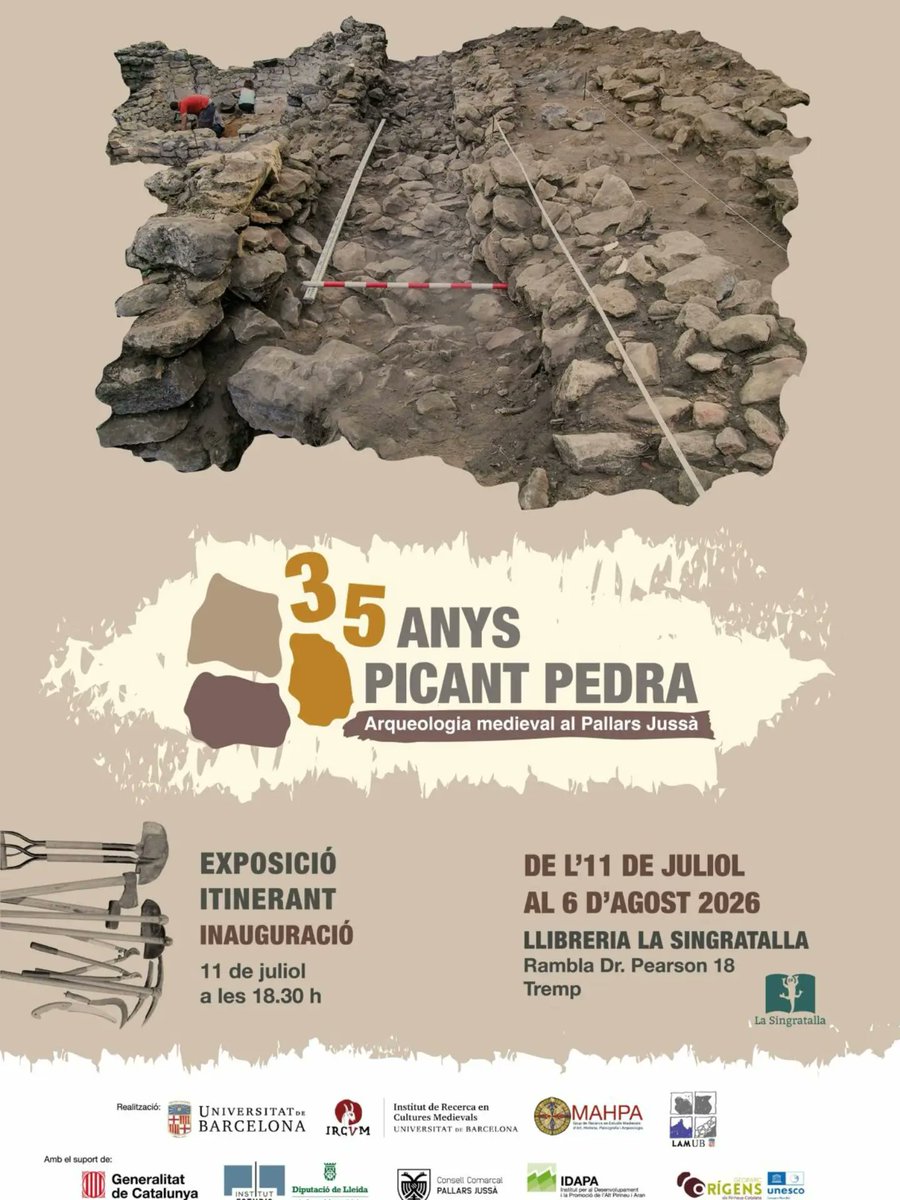 SOMPirineu's tweet photo. Des d'IDAPA us animem a assistir a la inauguració de l'exposició '35 ANYS PICANT PEDRA. Arqueologia medieval al Pallars Jussà' el proper 11 de juliol 🪨

📍Llibreria La Singratalla (Tremp)
⏰18.30 h https://t.co/TmWuN37co1