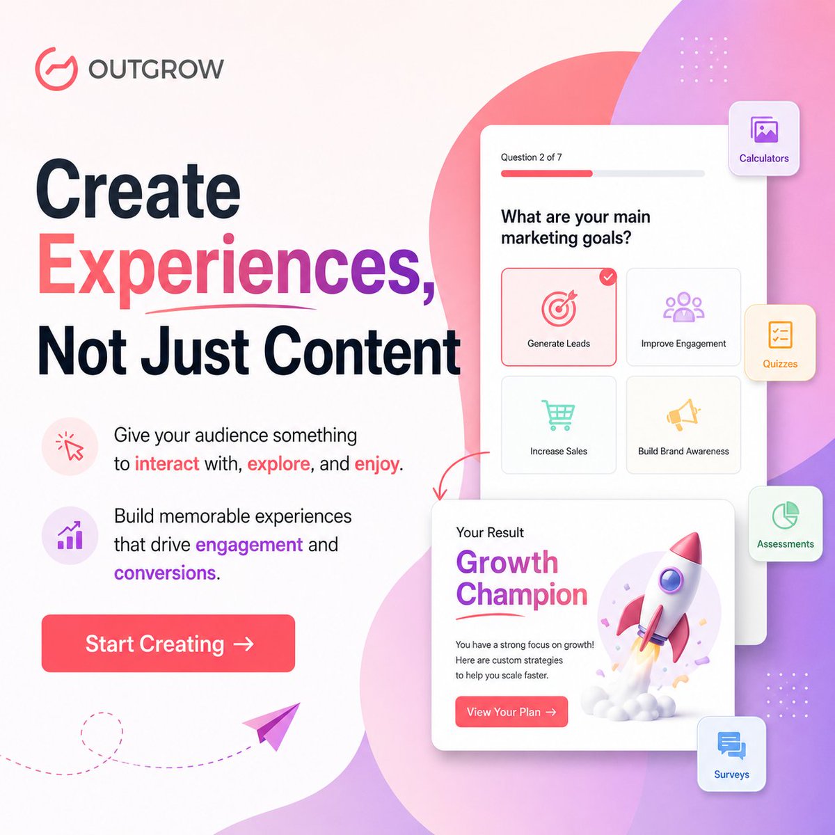 OutgrowCo's tweet photo. 🎯 Content gets seen. Experiences get remembered.

Your audience wants more than something to read; they want something to do. ✨ Create interactive experiences that spark curiosity, encourage participation, and leave a lasting impression. The result? Higher engagement, stronger connections, and better conversions. 🚀

Ready to transform your content into an experience?
Start Creating! Link in comments.

#Outgrow #InteractiveContent #ContentMarketing #CustomerEngagement #LeadGeneration #DigitalMarketing #UserExperience