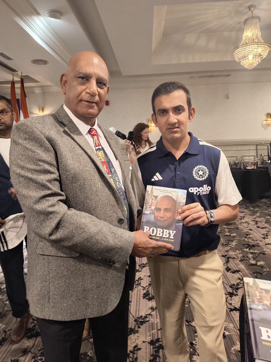 Bobjee169's tweet photo. Honoured to attend the reception hosted by the Consul General of India in Belfast, Mrs Kiran Khatri, for Team India at Crowne Plaza Belfast on 27 June. Delighted to present my book Bobby – India &amp; Ireland: A Love Story to Gautam Gambhir, Shreyas Iyer, Sanju Samson &amp; Tilak Varma. https://t.co/HZ4vMjkqqU