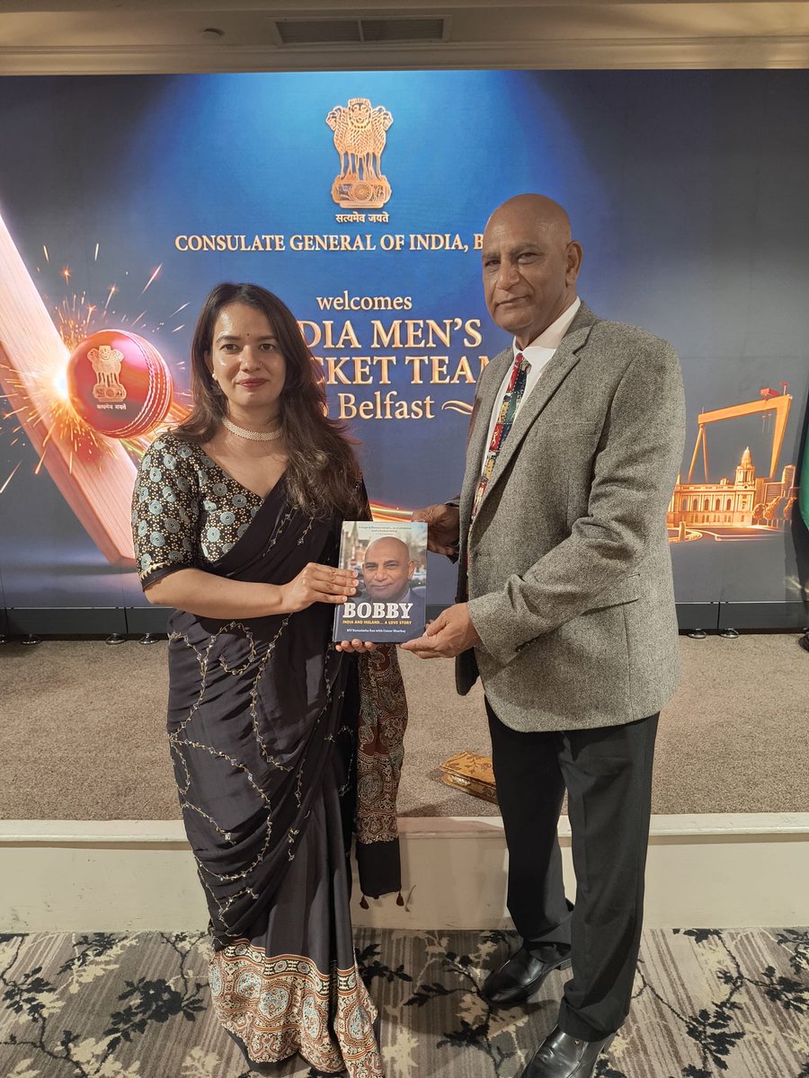 Bobjee169's tweet photo. Honoured to attend the reception hosted by the Consul General of India in Belfast, Mrs Kiran Khatri, for Team India at Crowne Plaza Belfast on 27 June. Delighted to present my book Bobby – India &amp; Ireland: A Love Story to Gautam Gambhir, Shreyas Iyer, Sanju Samson &amp; Tilak Varma. https://t.co/HZ4vMjkqqU