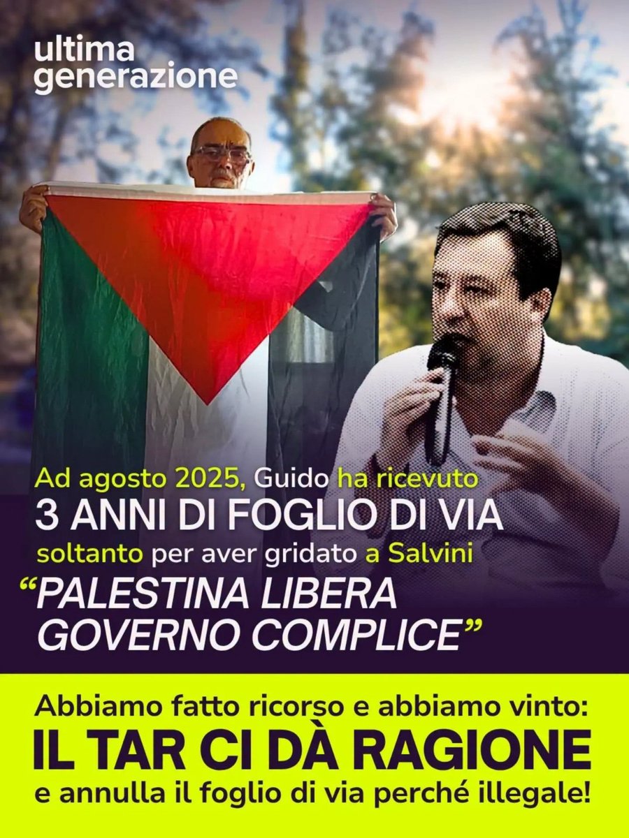 AngeloSab82's tweet photo. Sentenza del TAR: il foglio di via era illegittimo.

Il "foglio di via" di 3 anni a Guido colpevole di aver gridato "Palestina Libera, governo complice del genocidio" in faccia a Salvini premiato come migliore amico di Israele, era illegale.

È una vittoria collettiva! 💚 https://t.co/K3mSRlXGyX
