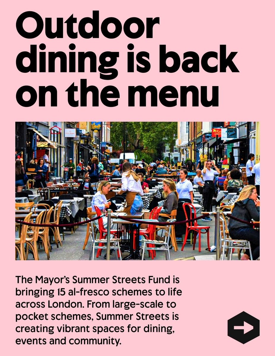 SadiqKhan's tweet photo. Al fresco dining is back ☀️

Our Summer Streets investment will help revitalise the city, keeping the capital buzzing with live events and extended opening hours throughout the summer ⬇️ https://t.co/HcMzLQbZIK