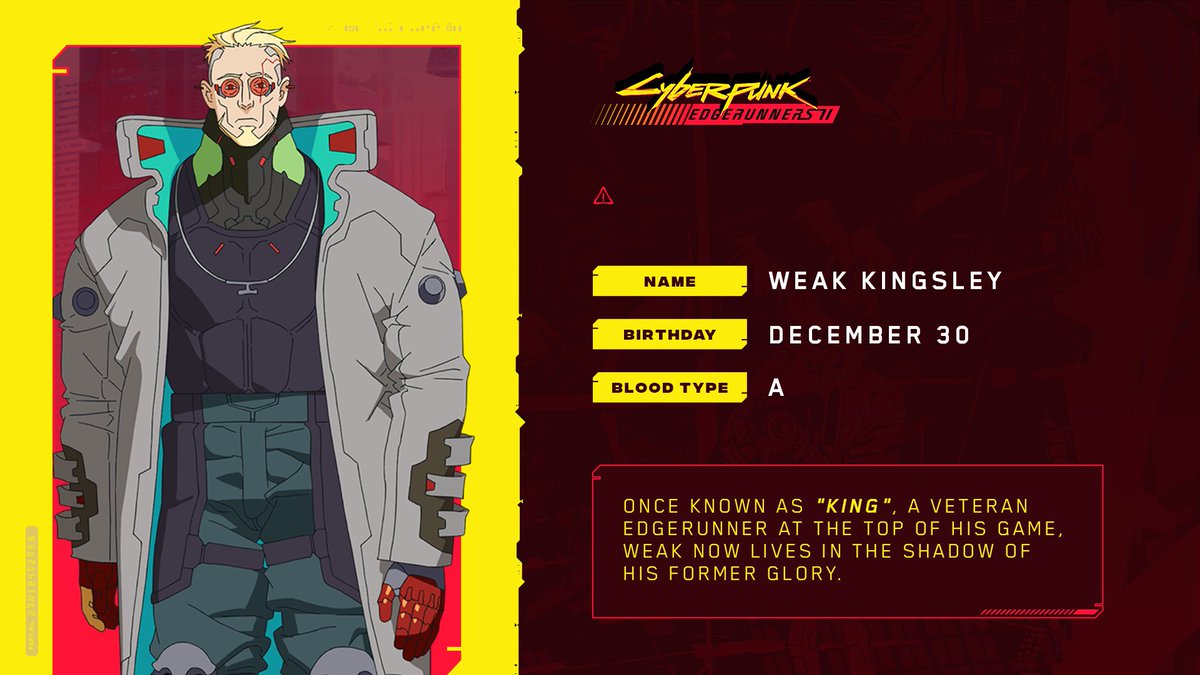 edgerunners's tweet photo. Every legend has a fall. 💥

Weak was once a veteran edgerunner at the top of his game, who now lives in the shadow of his own former glory. Voiced in English by Clancy Brown.

Keep up to date with all the latest news for Cyberpunk: Edgerunners 2 here: https://t.co/z8aIqhL3Ef https://t.co/6FORbE79VO
