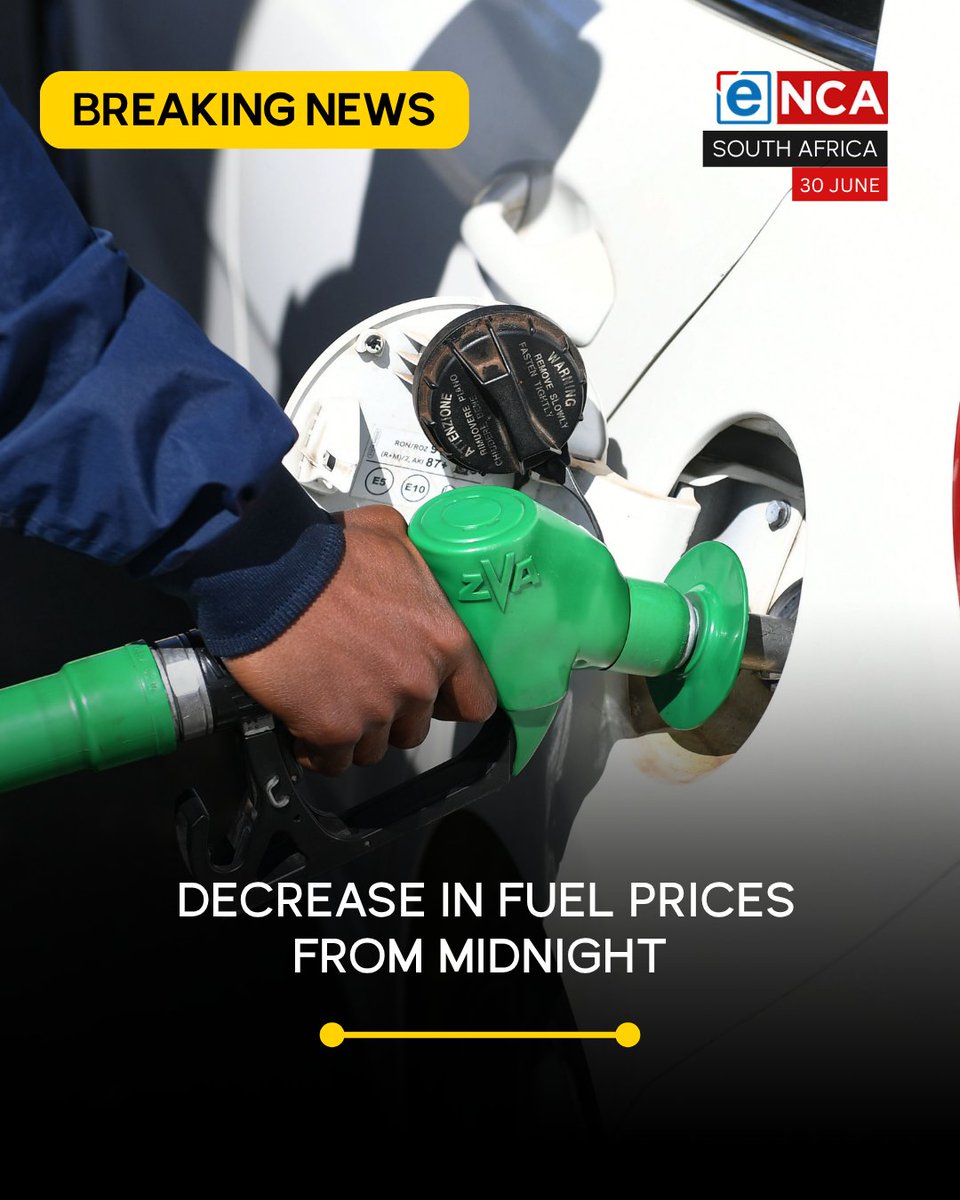 eNCA's tweet photo. [BREAKING] Fuel prices will decrease from midnight. 93 petrol goes down by R2,01 per litre and 95 grade by R1,96 per litre. Diesel is expected to cost between R3,14 and R3,59 less per litre. Tune in to #eNCA, channel #DStv403 https://t.co/gtnhqyPF2o