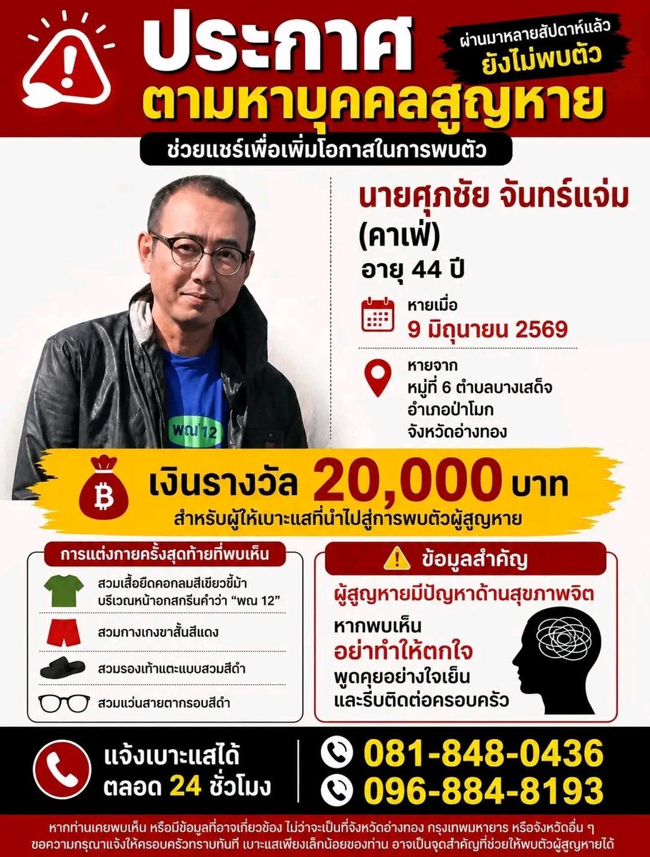 VeNusWise666's tweet photo. ฝาก repost ค่ะ เห็นเค้าตามหามาหลายวันแล้ว  ตอนนี้ก็ยังไม่พบตัว ขอเอาใจช่วยครอบครัวด้วยนะคะ คนหายไปมีอาการป่วยทางสุขภาพจิต และดูครอบครัวเป็นห่วงมาก https://t.co/P2MA3dOvH2