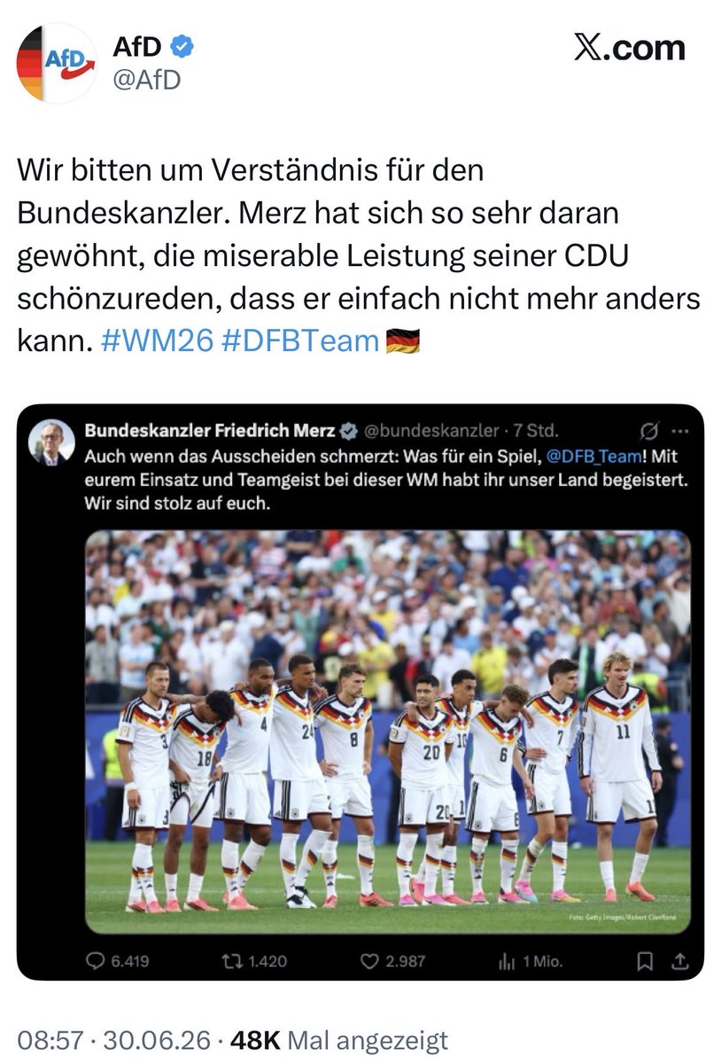 JulianRoepcke's tweet photo. Weder Chrupalla noch Weidel noch der AfD-Account haben sich getraut, eine eigene Bewertung des Ausscheidens abzugeben.
Aber sich für die Bewertung des Kanzlers - mit Häme gegen ihn und die Mannschaft - entschuldigen … #Feiglinge https://t.co/J98fzuN8Rw