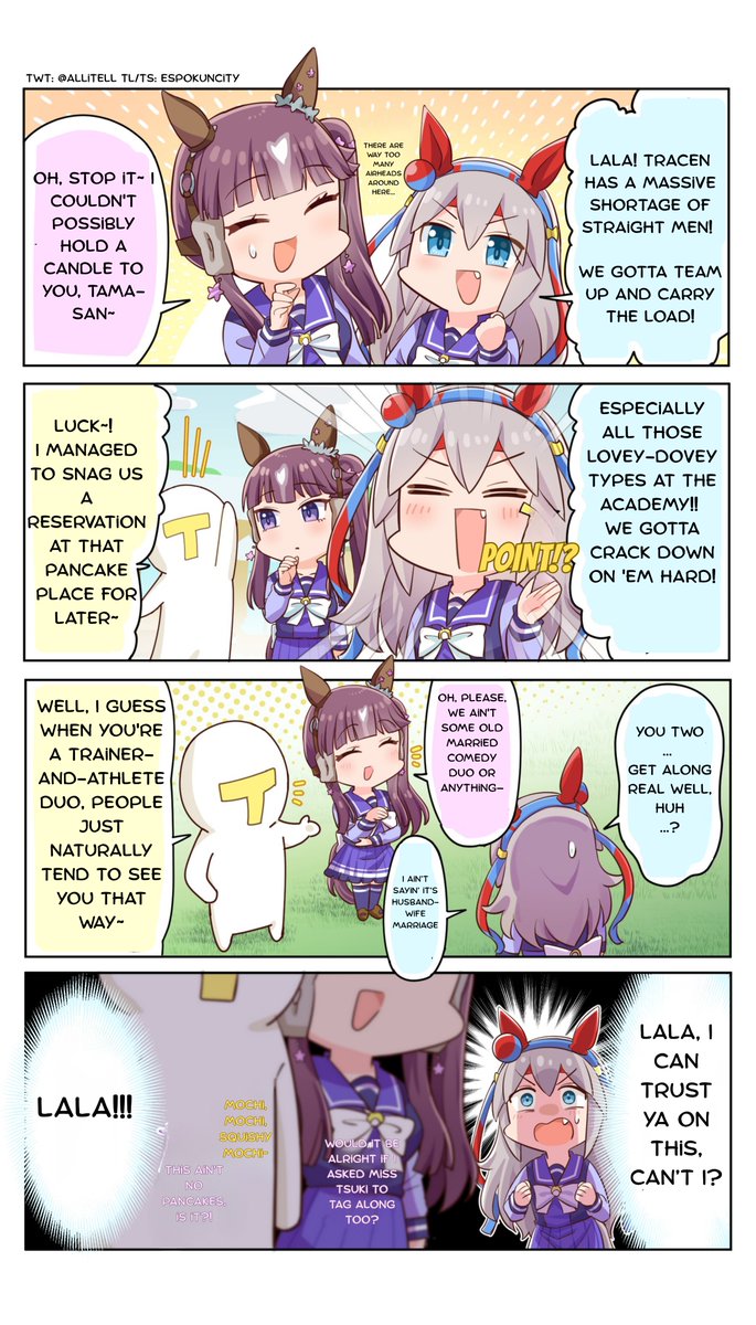 EspokunCity's tweet photo. Together... Tracen's... tsukkomi... by @allitell 

Please support the original artist's works

#UmaTranslations #Umamusume #ウマ娘 #ウマ娘譲 #LuckyLilac #TamamoCross
----------------------------------------------
Tama knows that Lala's the same Tsukkomi as her, but she doesn't know that Lala is from modern Ohimba sensibility... She is not your comrade in Tsukkoming your love live; she is the SPY!?