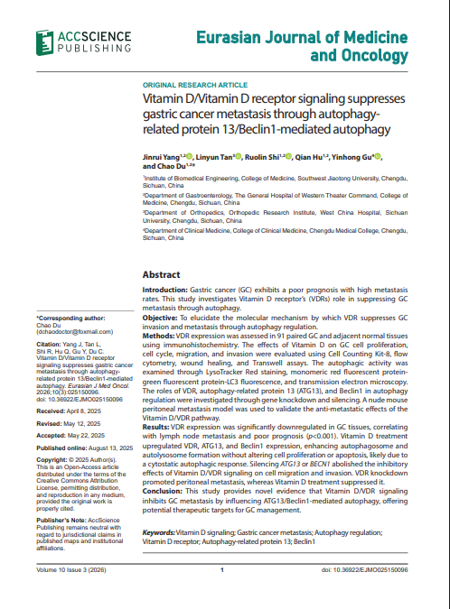ejmo_asp's tweet photo. 🧬Vitamin D/Vitamin D receptor signaling suppresses gastric cancer metastasis through autophagy-related protein 13/Beclin1-mediated autophagy
🧩Keywords：Vitamin D signaling
Gastric cancer metastasis
Autophagy regulation
Vitamin D receptor
⛓️Link：https://t.co/jE3xVu4r0J https://t.co/qnAGruO6ZZ